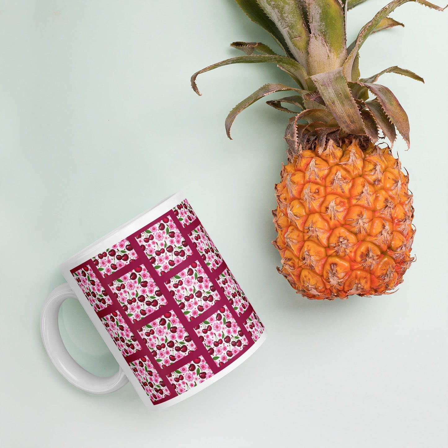 Cherries and Flowers Tile White Glossy Mug (11 oz, 15 oz, 20 oz) - Mugs - Discovery Co.