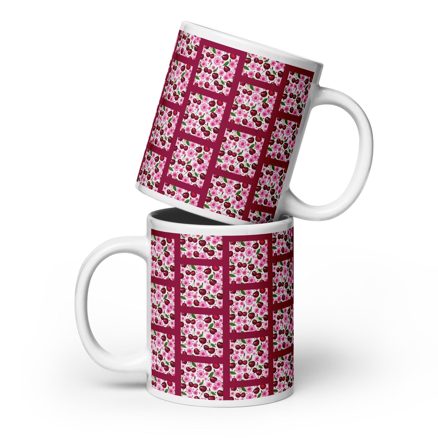 Cherries and Flowers Tile White Glossy Mug (11 oz, 15 oz, 20 oz) - Mugs - Discovery Co.