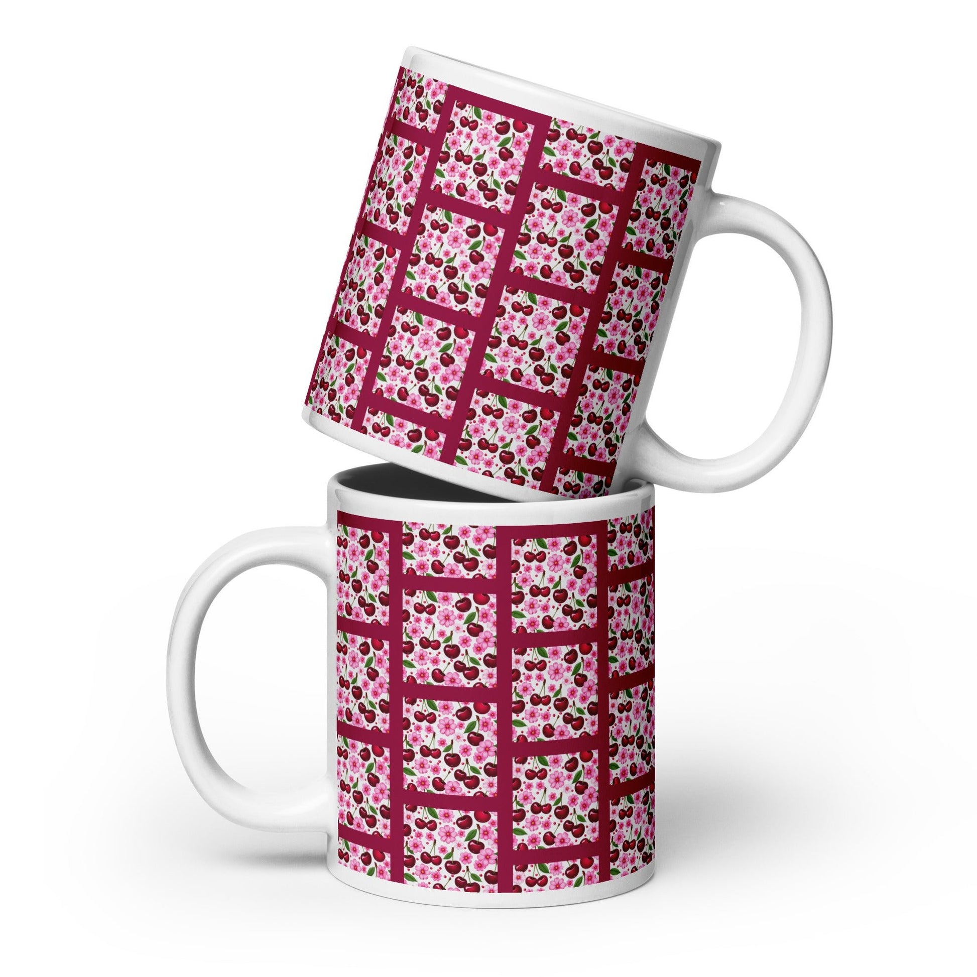 Cherries and Flowers Tile White Glossy Mug (11 oz, 15 oz, 20 oz) - Mugs - Discovery Co.