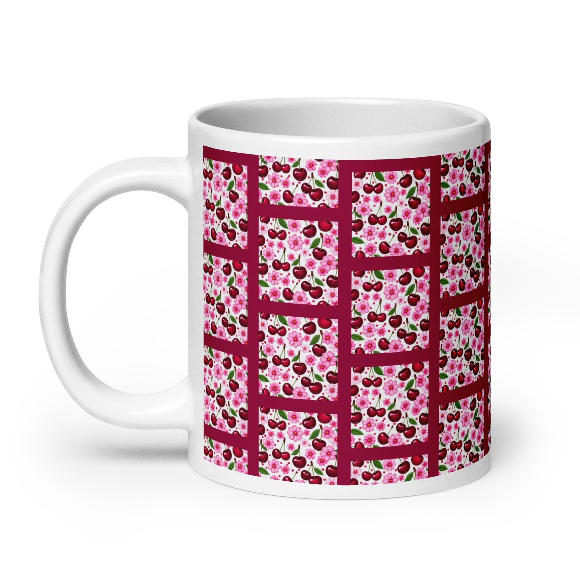 Cherries and Flowers Tile White Glossy Mug (11 oz, 15 oz, 20 oz) - Mugs - Discovery Co.