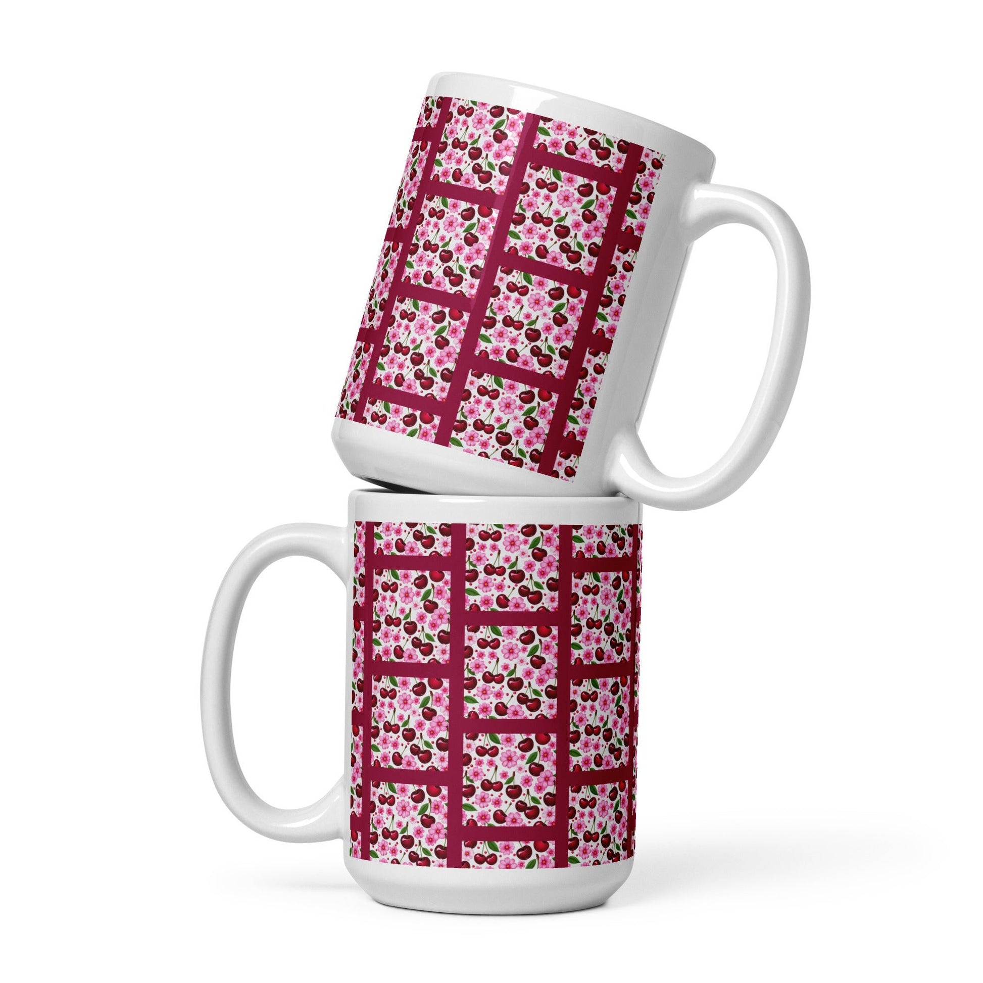 Cherries and Flowers Tile White Glossy Mug (11 oz, 15 oz, 20 oz) - Mugs - Discovery Co.