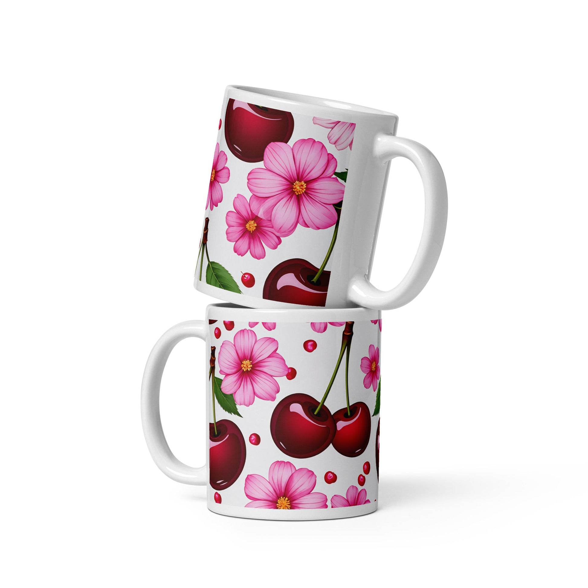Cherries and Flowers White Glossy Mug (11 oz, 15 oz, 20 oz) - Mugs - Discovery Co.