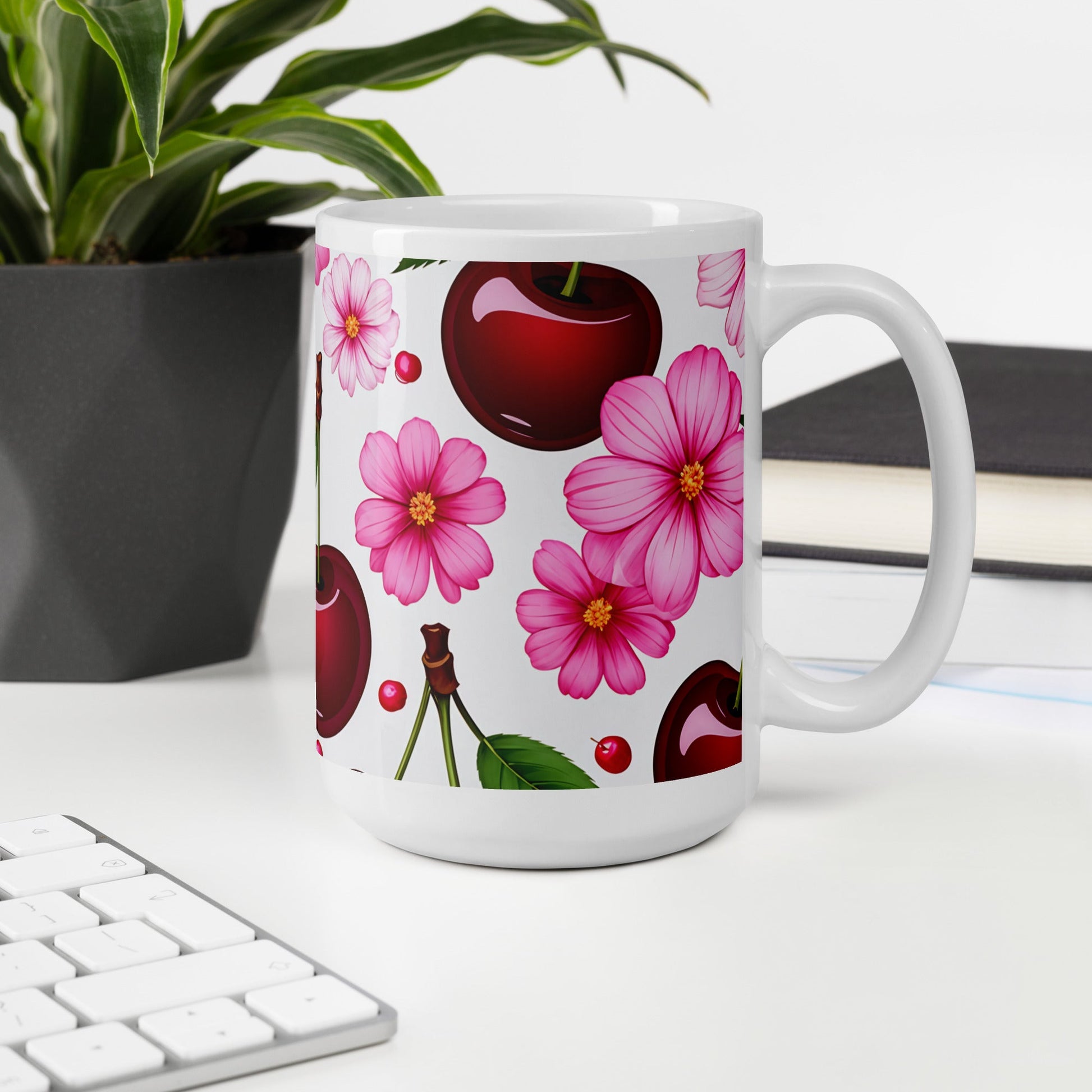 Cherries and Flowers White Glossy Mug (11 oz, 15 oz, 20 oz) - Mugs - Discovery Co.