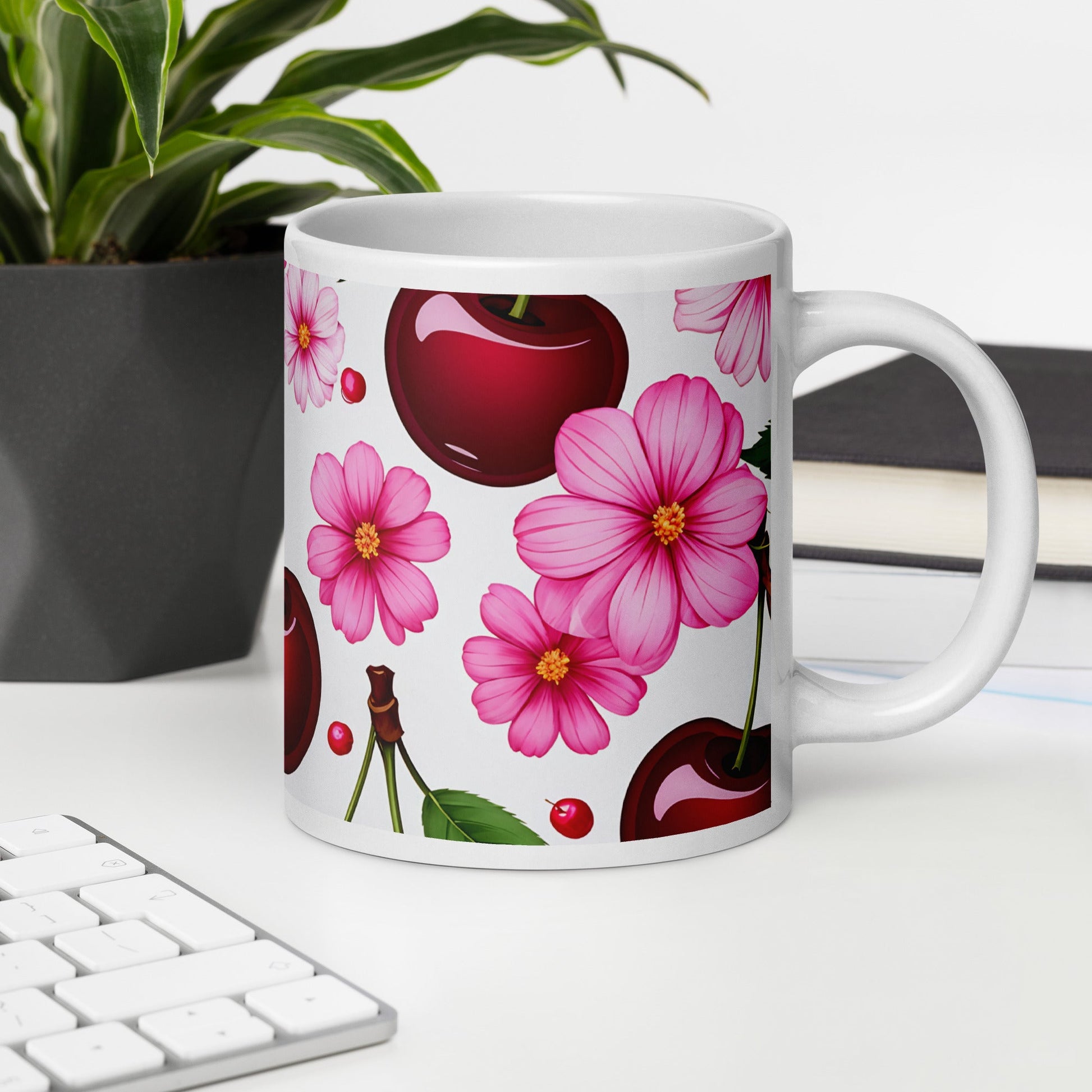 Cherries and Flowers White Glossy Mug (11 oz, 15 oz, 20 oz) - Mugs - Discovery Co.