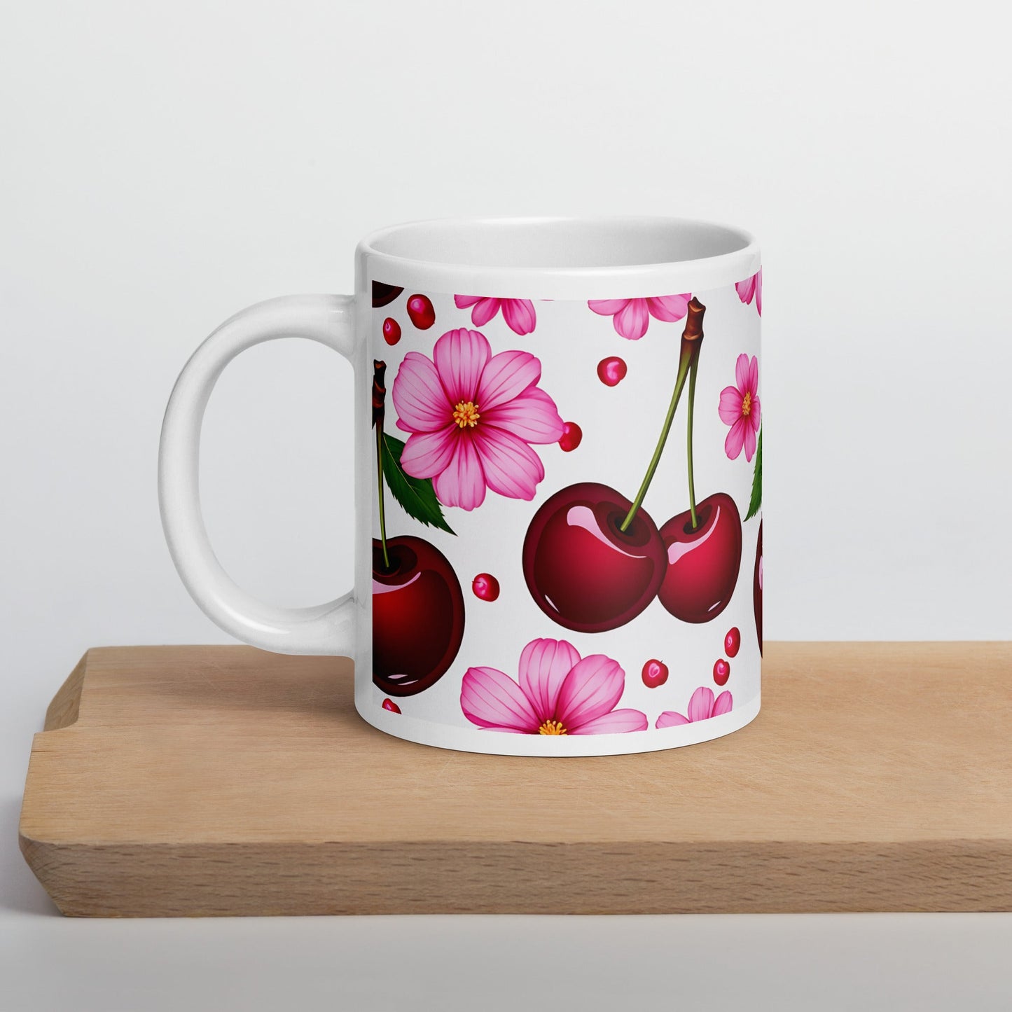 Cherries and Flowers White Glossy Mug (11 oz, 15 oz, 20 oz) - Mugs - Discovery Co.