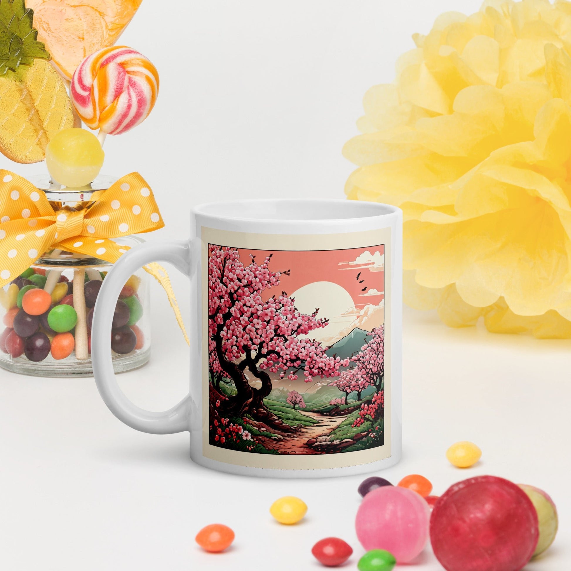 Cherry Blossom Trail White Glossy Mug (11 oz, 15 oz, 20 oz) - Mugs - Discovery Co.