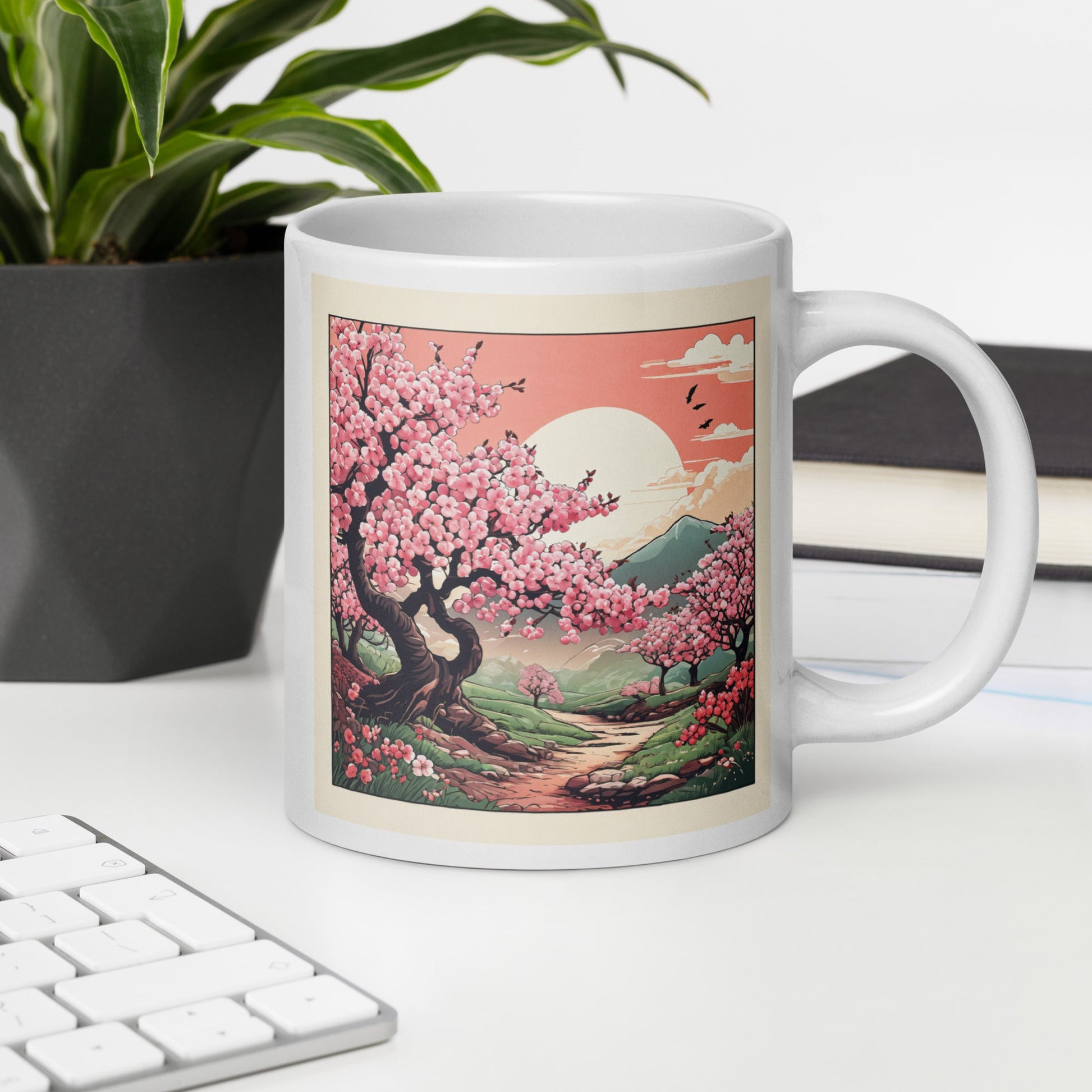 Cherry Blossom Trail White Glossy Mug (11 oz, 15 oz, 20 oz) - Mugs - Discovery Co.