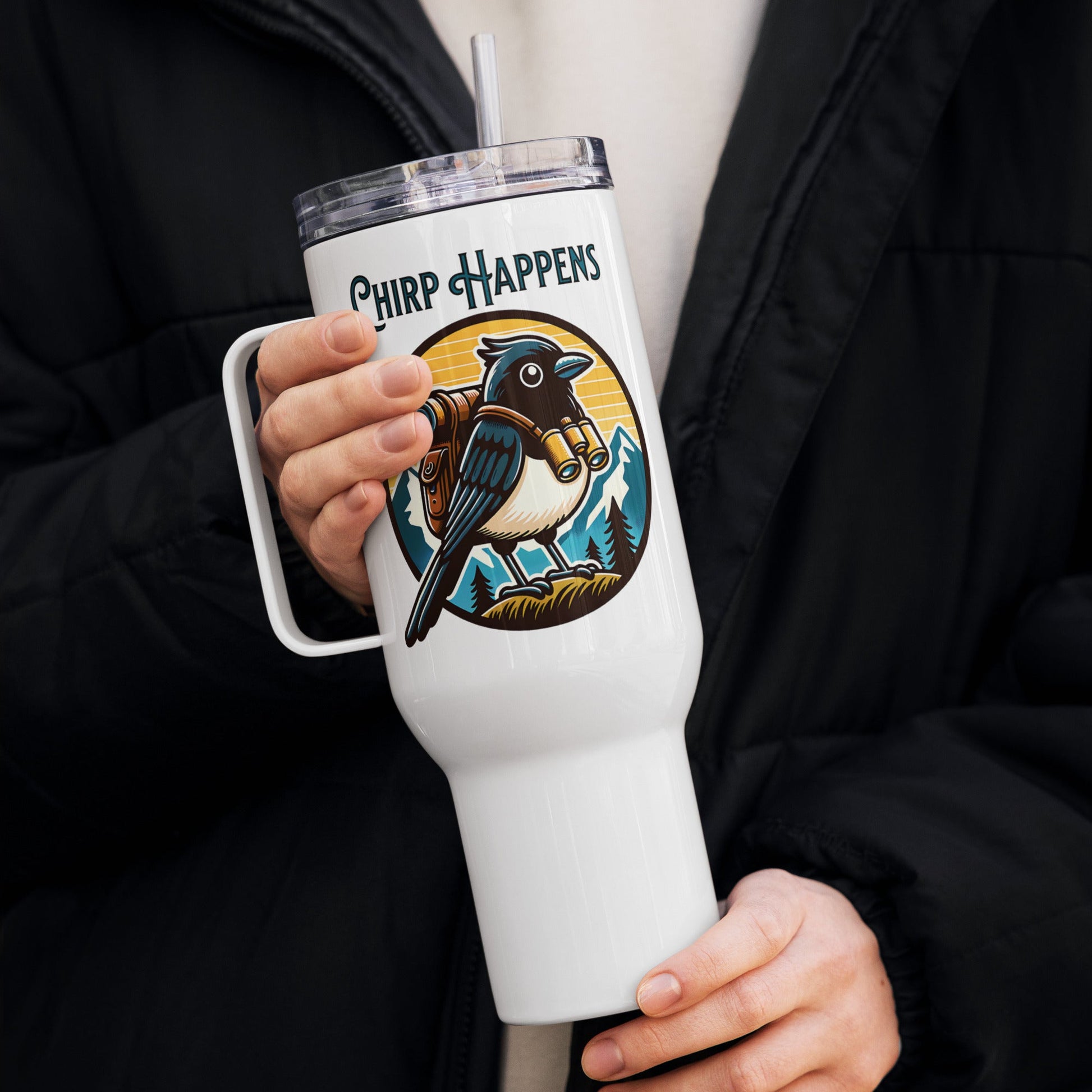 Chirp Happens Travel Mug With Handle (25 oz and 40 oz) - Travel Mug - Discovery Co.