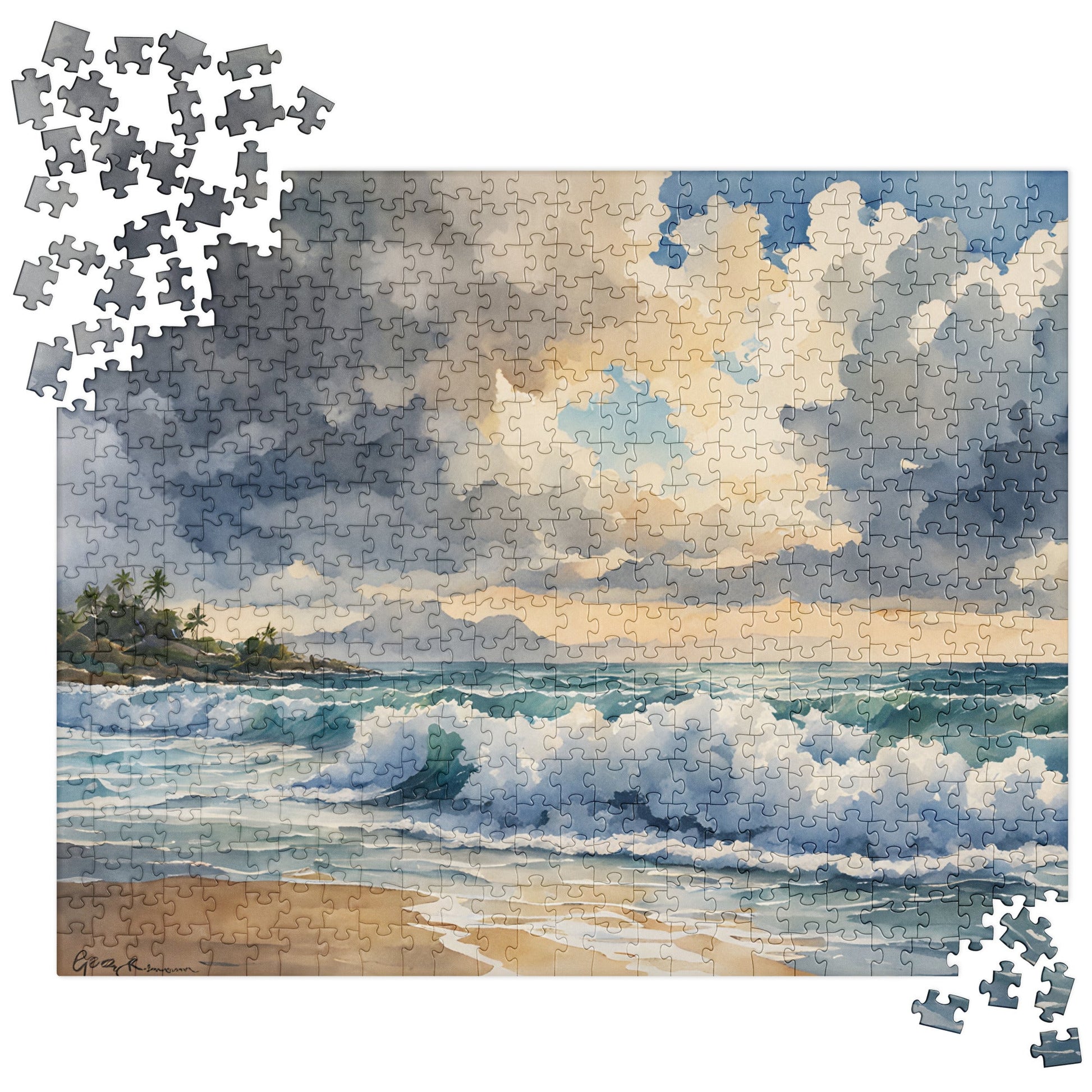 Cloudy Beach Day Watercolor Jigsaw Puzzle - Puzzle - Discovery Co.