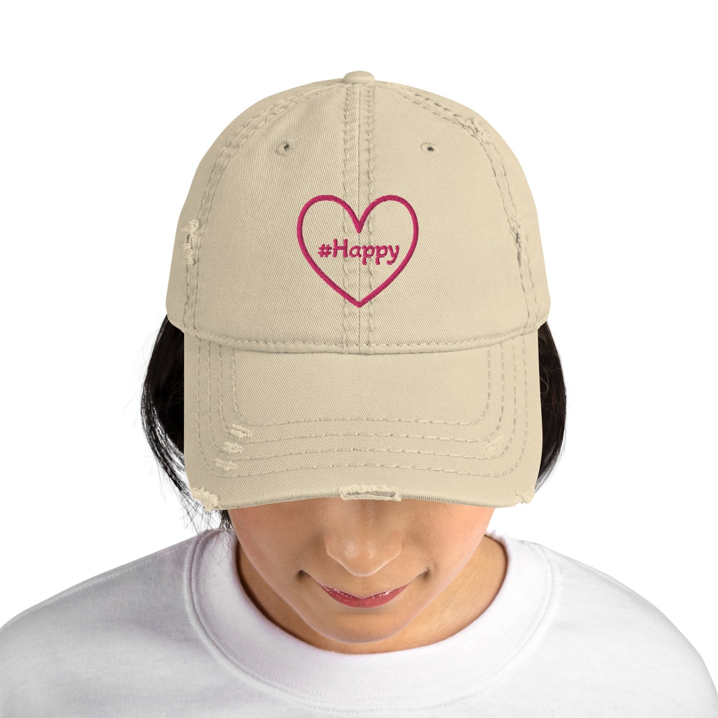 #Happy Pink Heart Distressed Hat - Hats - Discovery Co.