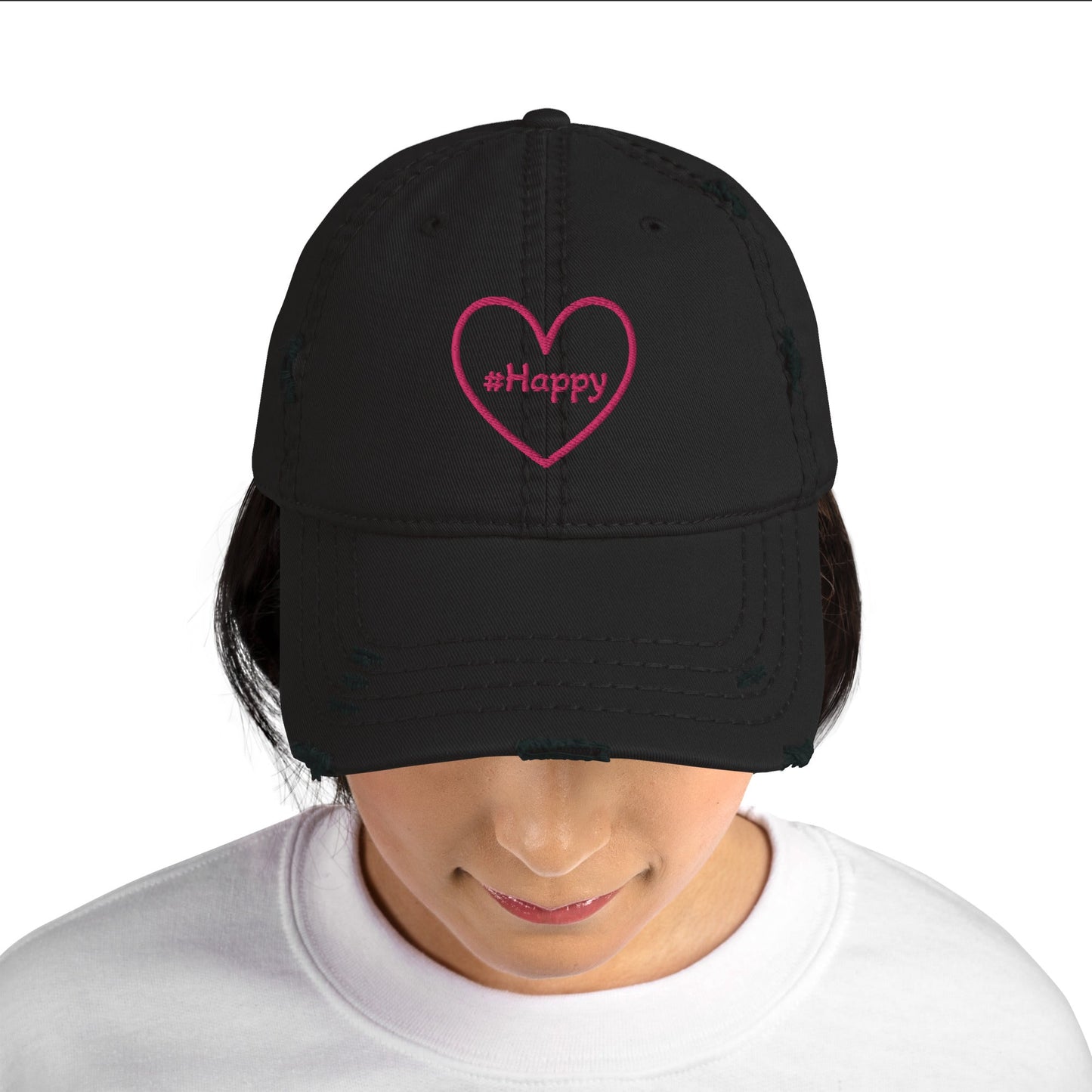 #Happy Pink Heart Distressed Hat - Hats - Discovery Co.