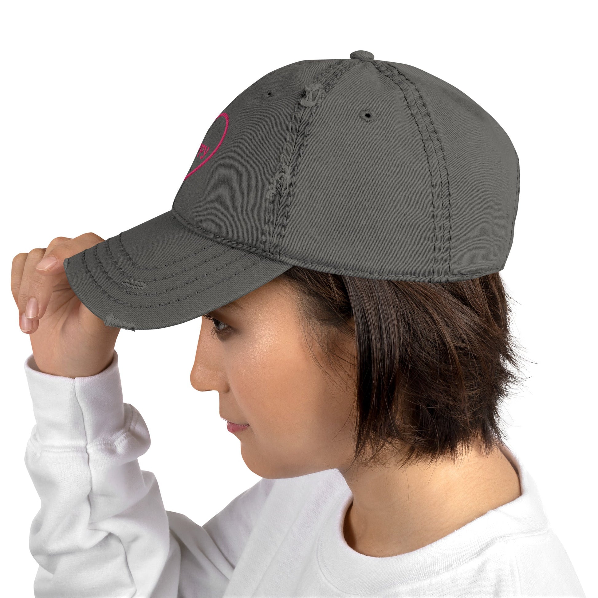 #Happy Pink Heart Distressed Hat - Hats - Discovery Co.