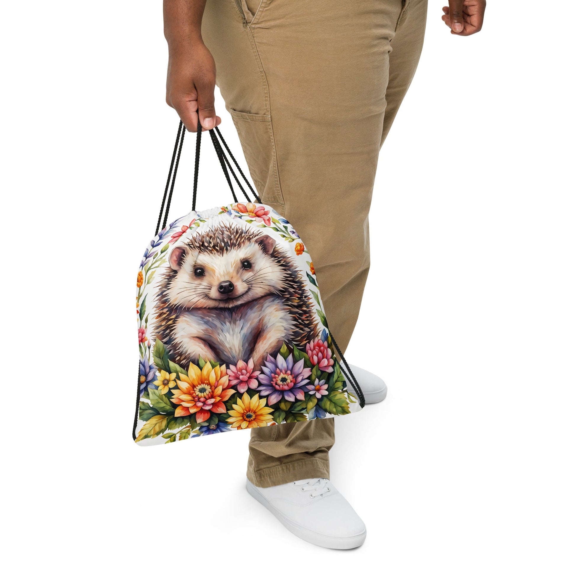 Hedgehog In The Flowers II Drawstring Bag - Drawstring Bag - Discovery Co.