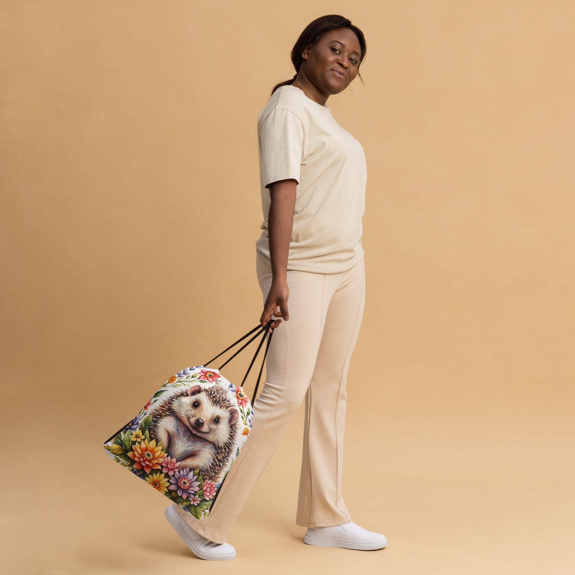 Hedgehog In The Flowers II Drawstring Bag - Drawstring Bag - Discovery Co.