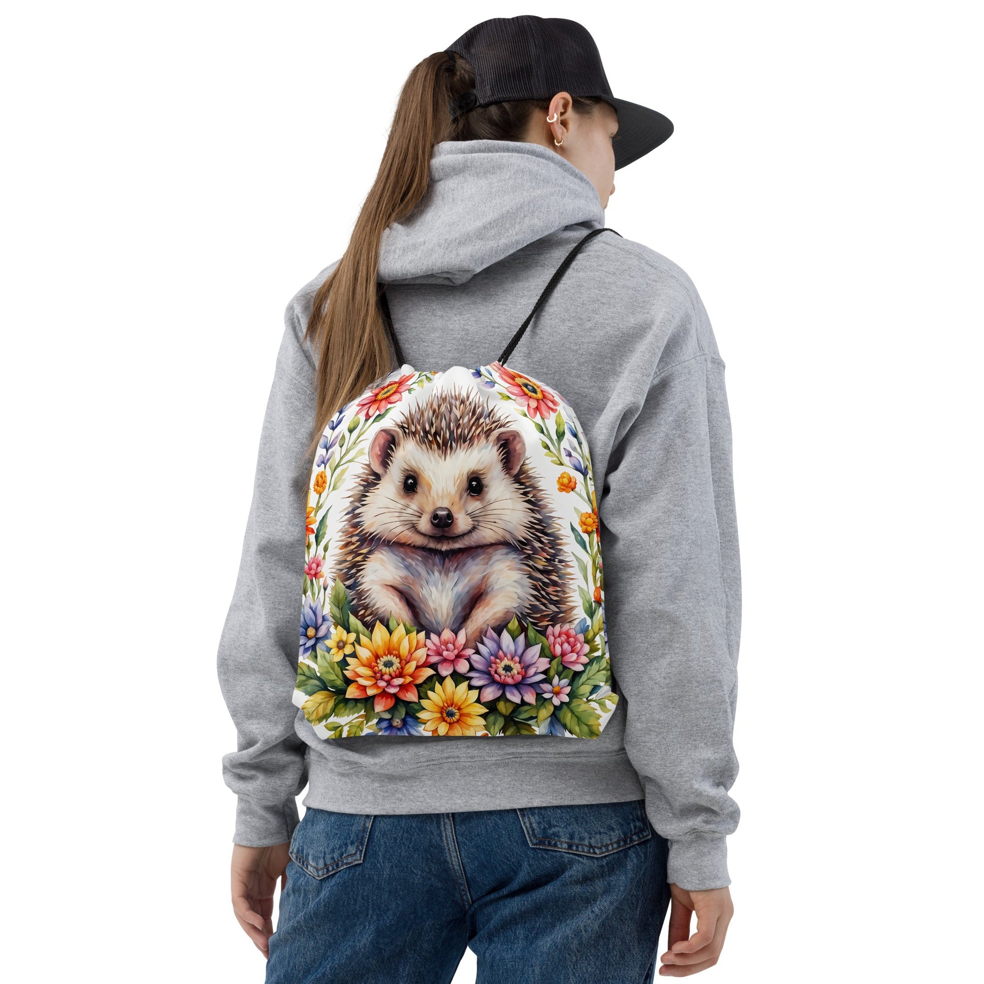 Hedgehog In The Flowers II Drawstring Bag - Drawstring Bag - Discovery Co.