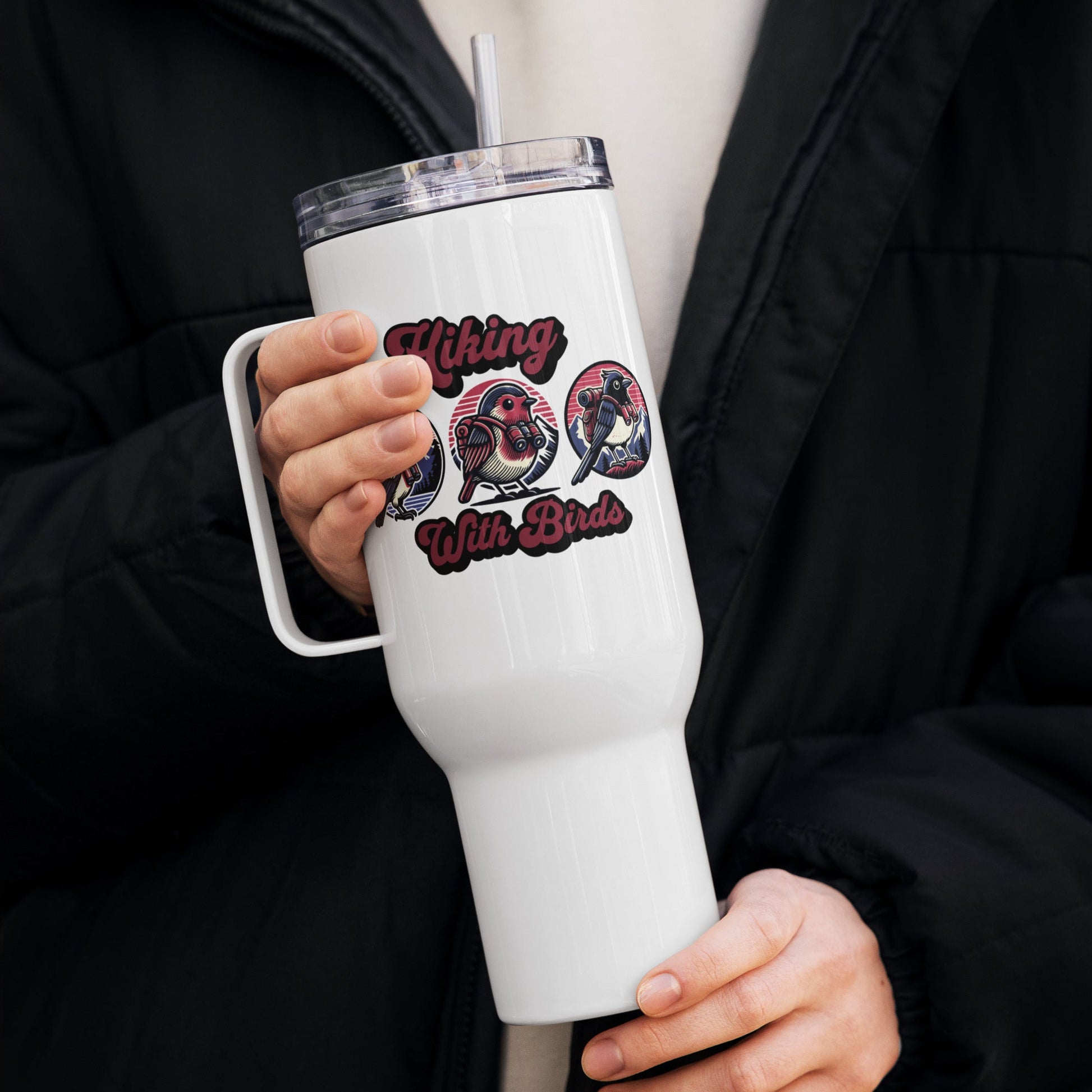 Hiking With Birds Travel Mug With Handle (25 oz and 40 oz) - Travel Mug - Discovery Co.