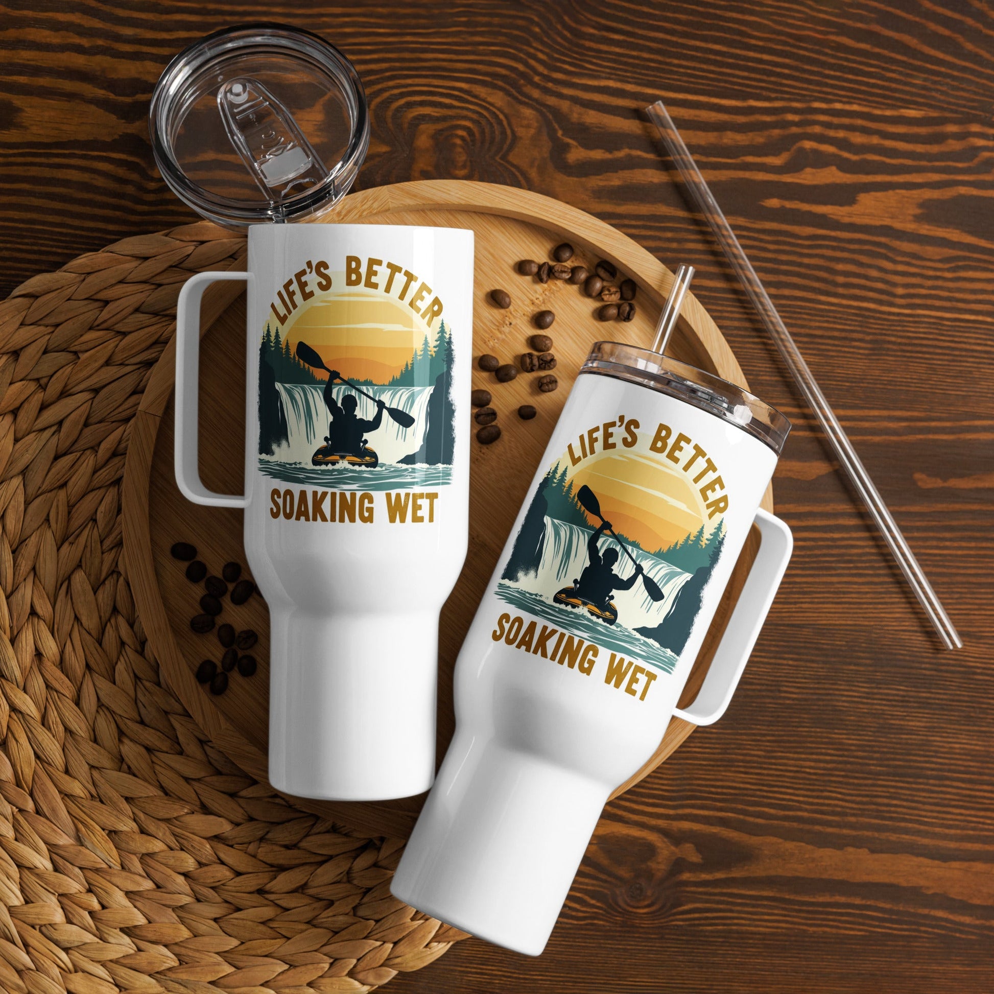 Kayaking "Life's Better Soaking Wet" Travel Mug With Handle (25 oz and 40 oz) - Travel Mug - Discovery Co.