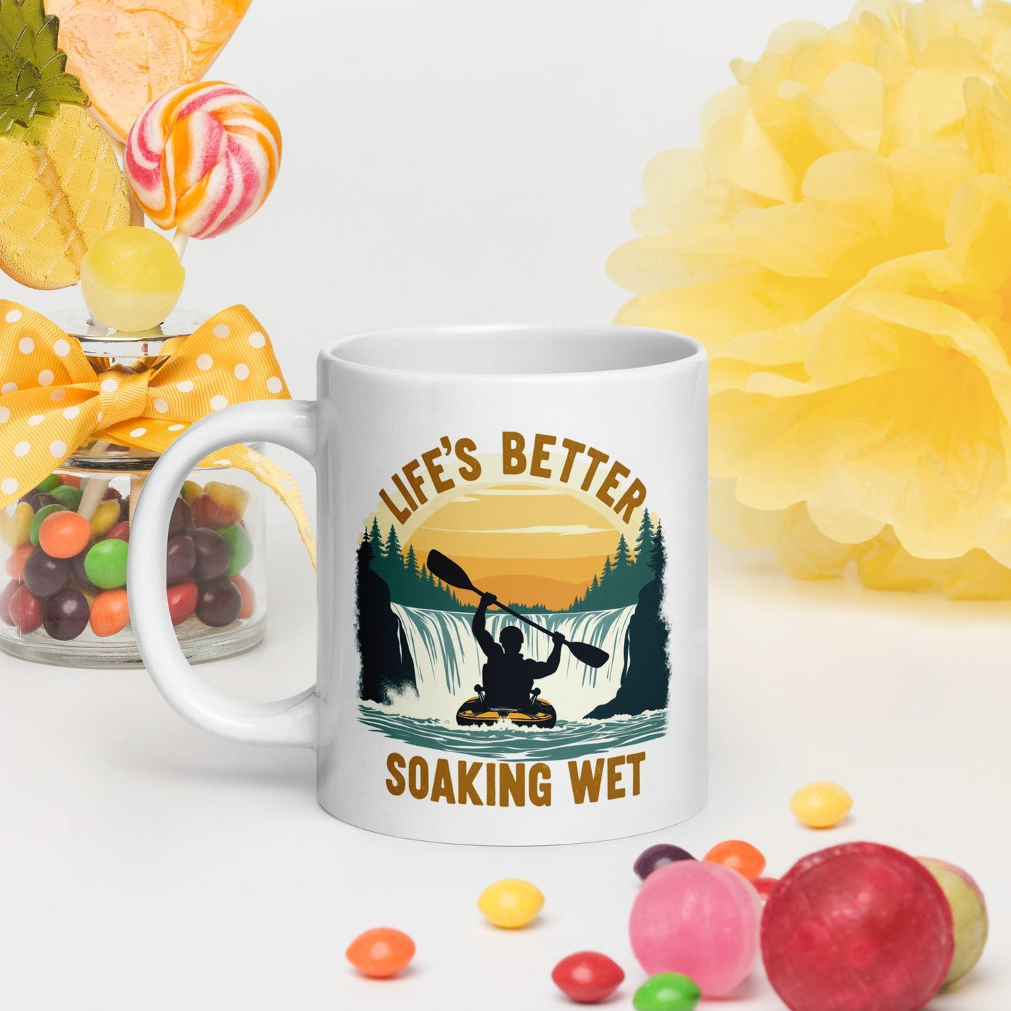Kayaking "Life's Better Soaking Wet" White Glossy Mug (11 oz, 15 oz, 20 oz) - Mugs - Discovery Co.