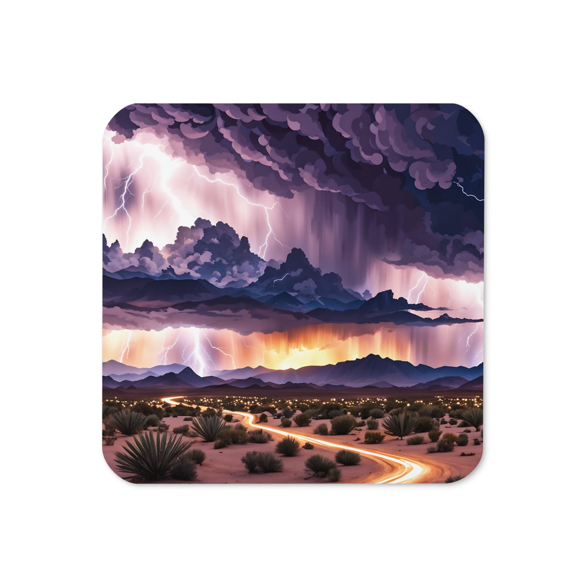 Lightening Over The Desert II Cork - back Coaster - Coasters - Discovery Co.
