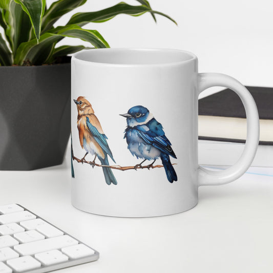 Line of Birds Watercolor Art White Glossy Mug (11 oz, 15 oz, 20 oz) - Mugs - Discovery Co.