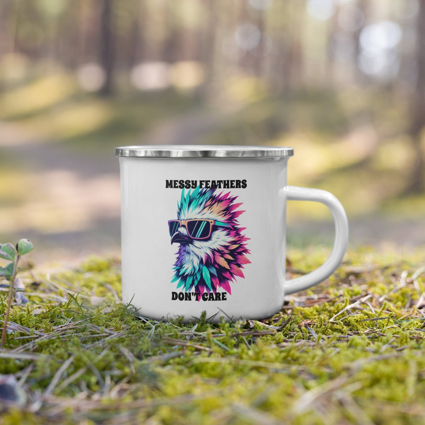 Messy Feathers Don't Care Enamel Mug - Mugs - Discovery Co.