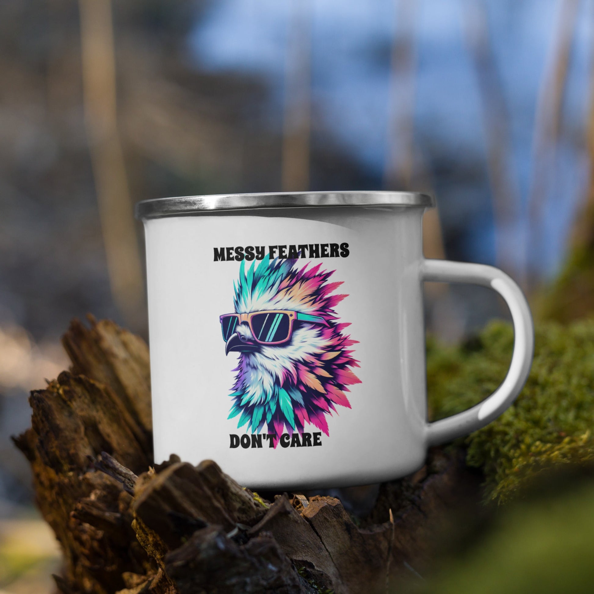 Messy Feathers Don't Care Enamel Mug - Mugs - Discovery Co.