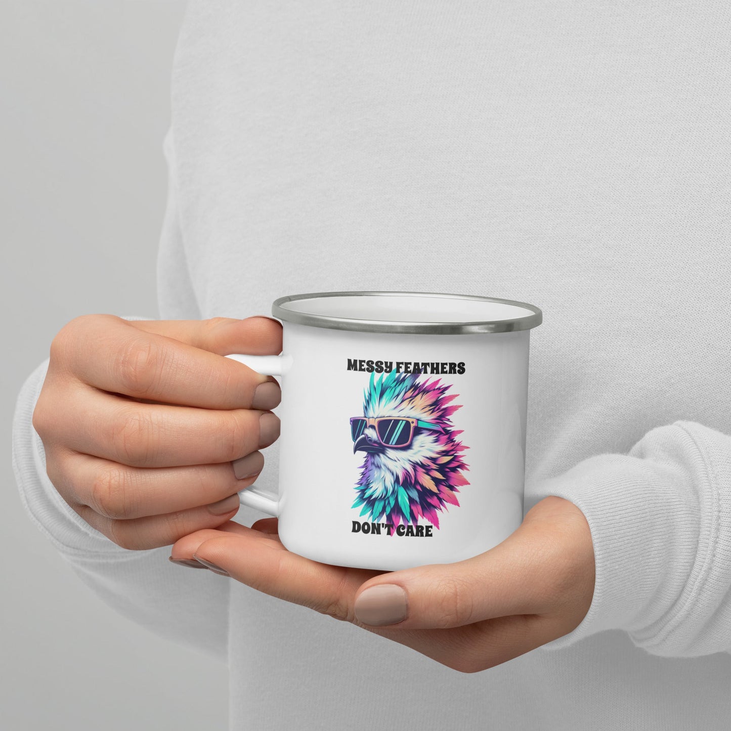Messy Feathers Don't Care Enamel Mug - Mugs - Discovery Co.