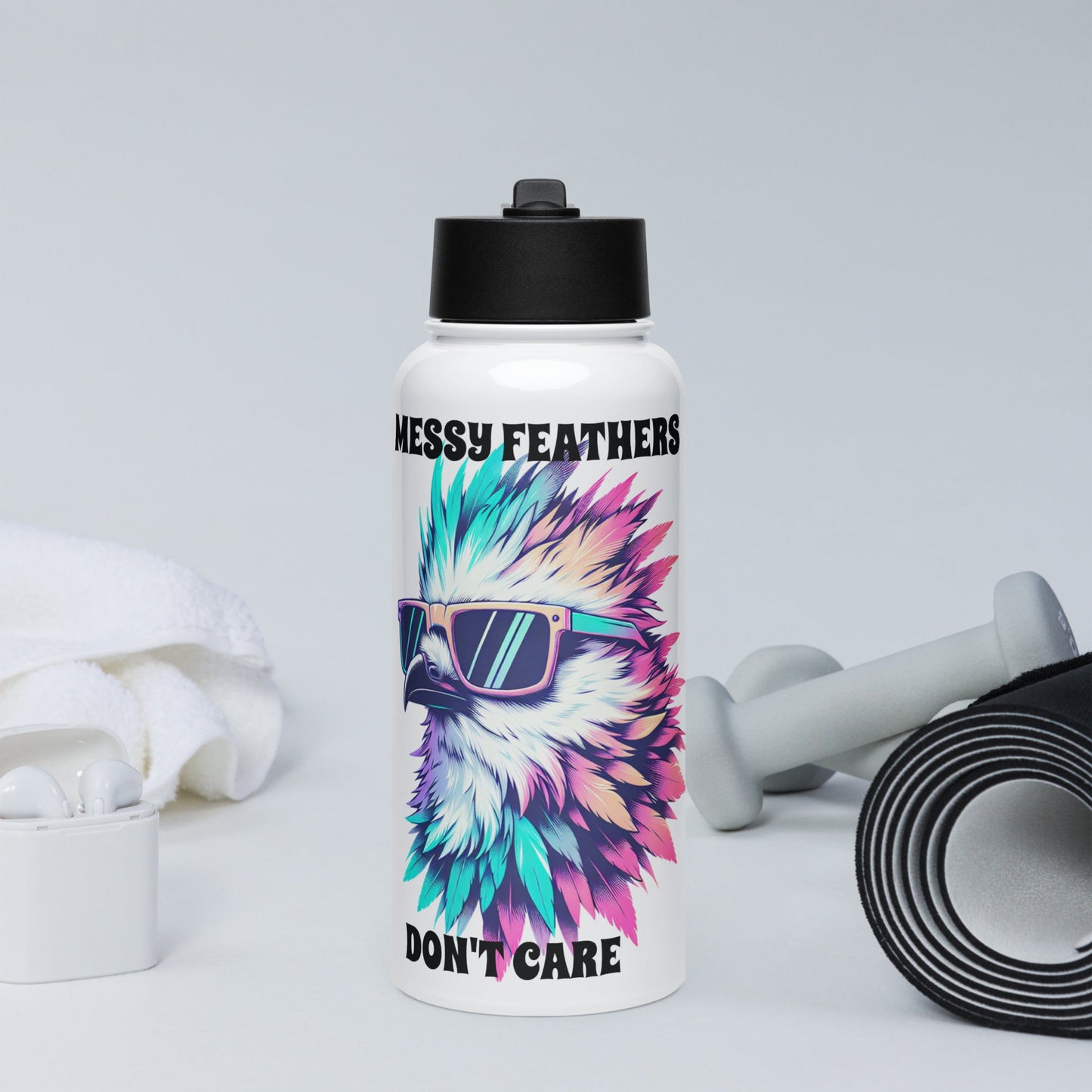 Messy Feathers Don't Care Stainless Steel Water Bottle With Straw Lid - Stainless Steel Water Bottle With Straw Lid - Discovery Co.