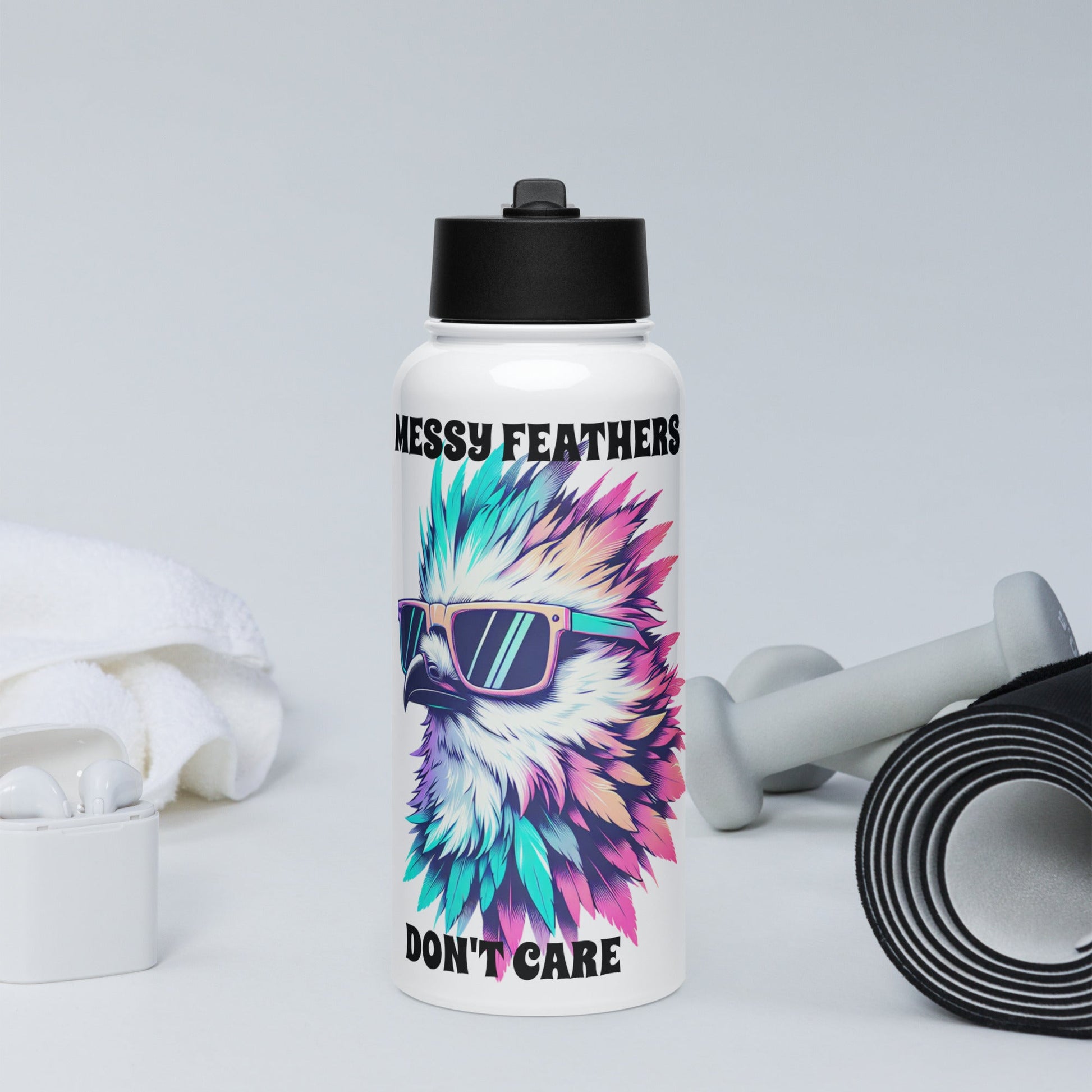 Messy Feathers Don't Care Stainless Steel Water Bottle With Straw Lid - Stainless Steel Water Bottle With Straw Lid - Discovery Co.