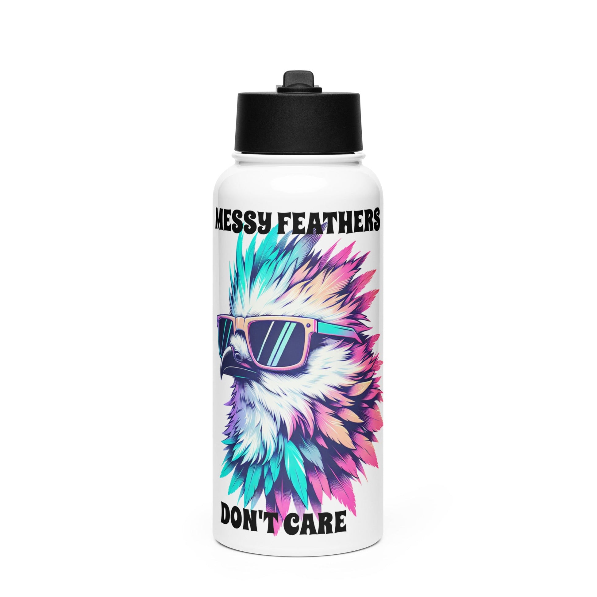 Messy Feathers Don't Care Stainless Steel Water Bottle With Straw Lid - Stainless Steel Water Bottle With Straw Lid - Discovery Co.