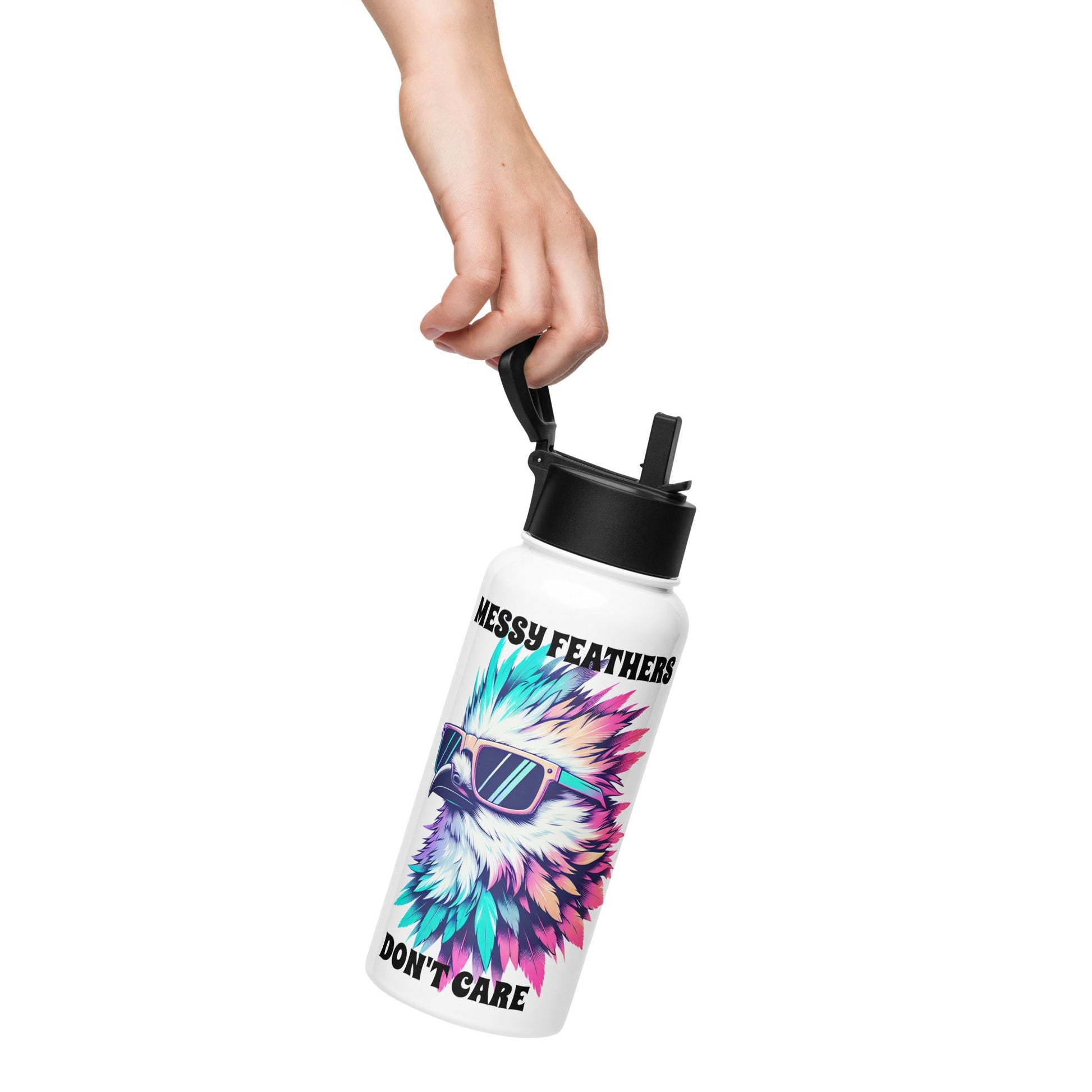 Messy Feathers Don't Care Stainless Steel Water Bottle With Straw Lid - Stainless Steel Water Bottle With Straw Lid - Discovery Co.