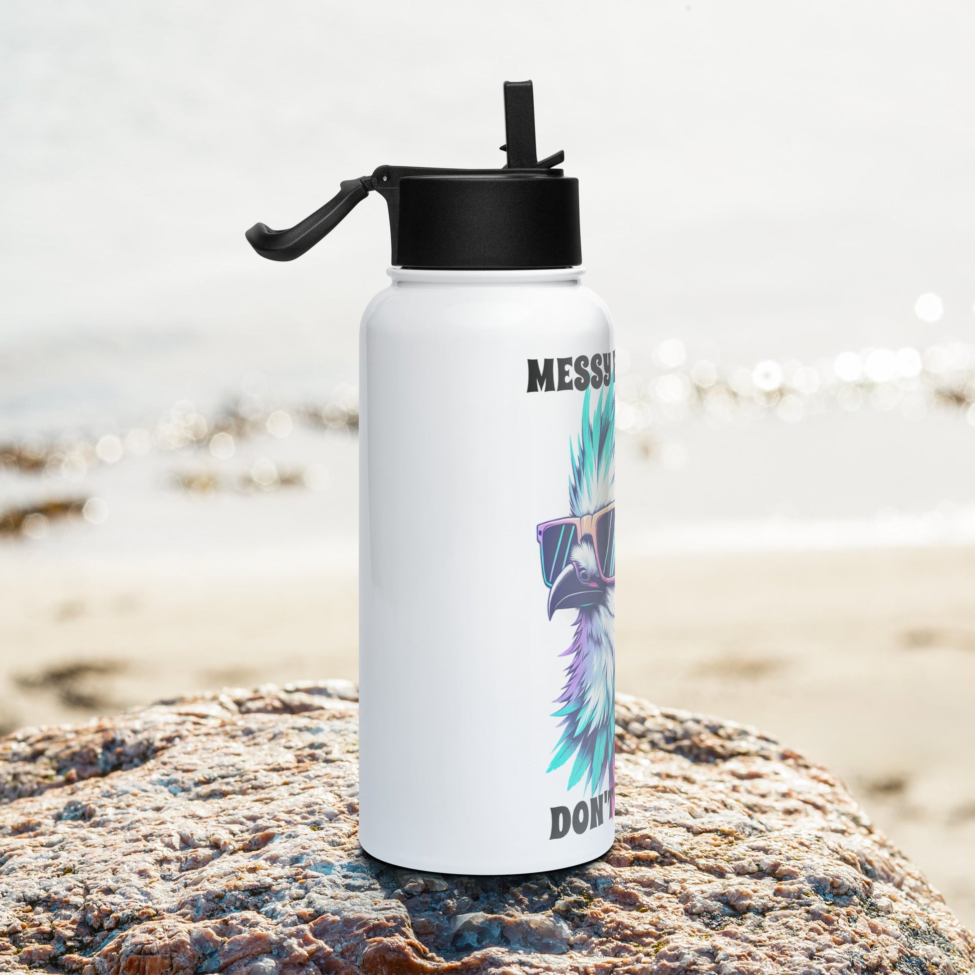 Messy Feathers Don't Care Stainless Steel Water Bottle With Straw Lid - Stainless Steel Water Bottle With Straw Lid - Discovery Co.