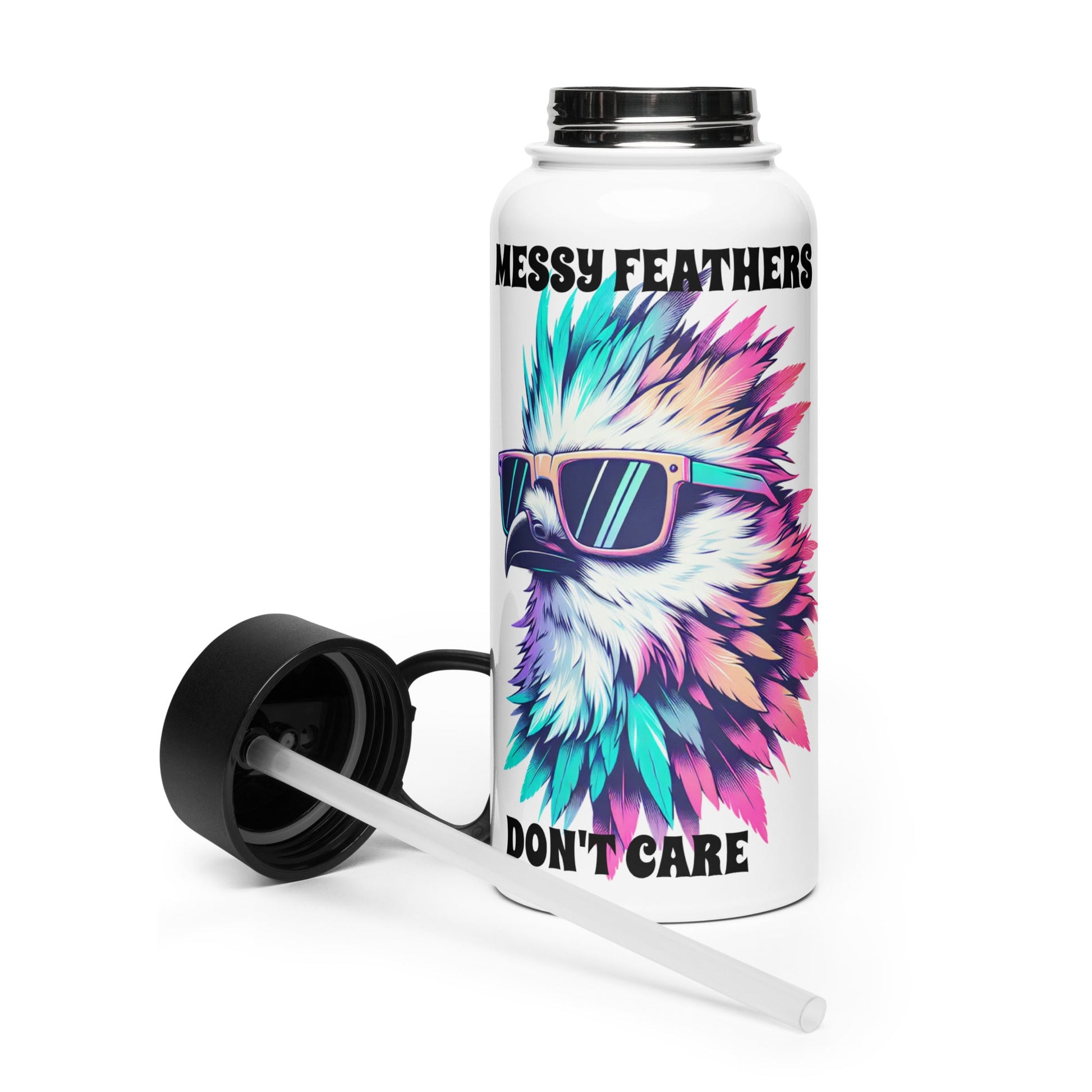 Messy Feathers Don't Care Stainless Steel Water Bottle With Straw Lid - Stainless Steel Water Bottle With Straw Lid - Discovery Co.
