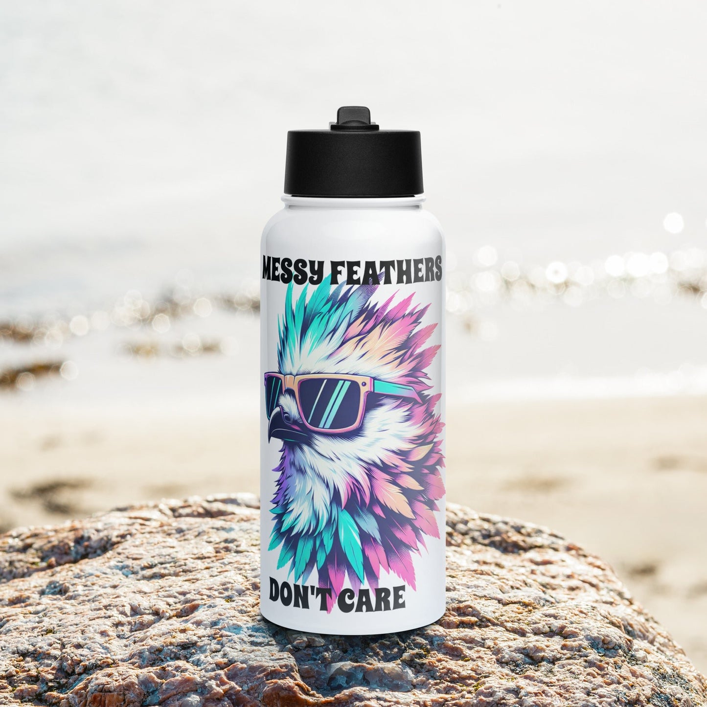 Messy Feathers Don't Care Stainless Steel Water Bottle With Straw Lid - Stainless Steel Water Bottle With Straw Lid - Discovery Co.