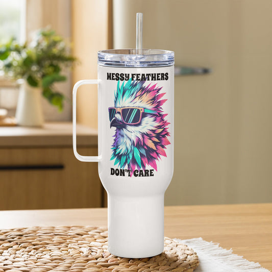 Messy Feathers Don't Care Travel Mug With Handle (25 oz and 40 oz) - Travel Mug - Discovery Co.