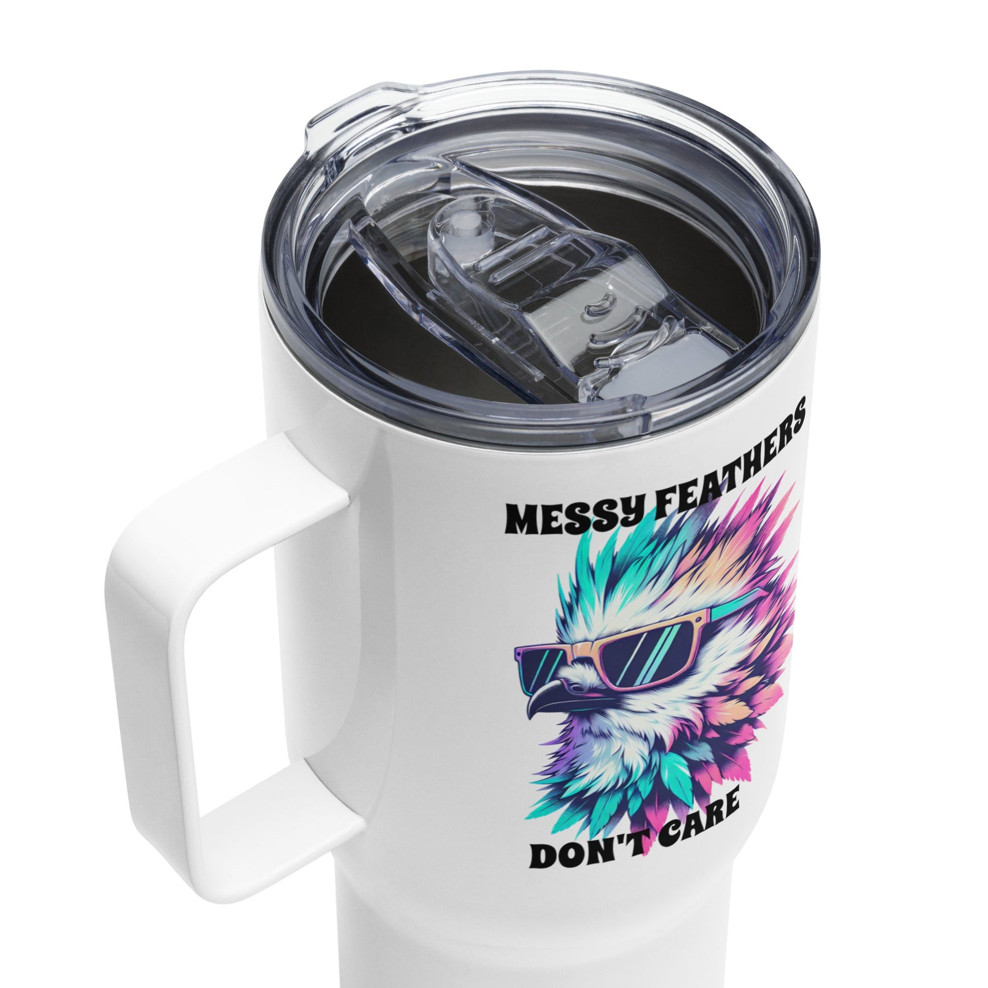 Messy Feathers Don't Care Travel Mug With Handle (25 oz and 40 oz) - Travel Mug - Discovery Co.