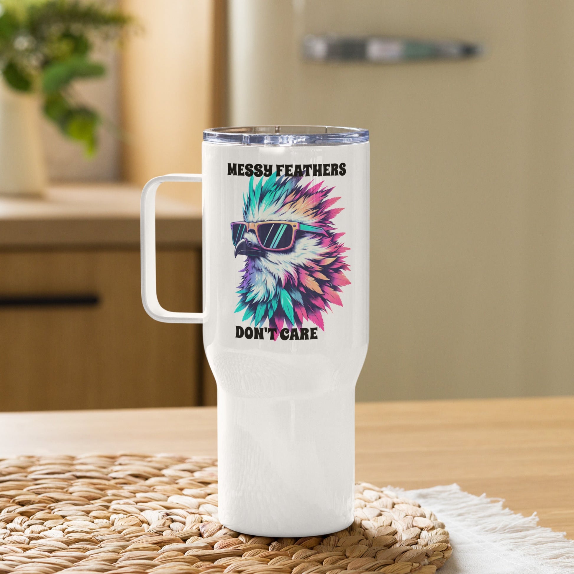 Messy Feathers Don't Care Travel Mug With Handle (25 oz and 40 oz) - Travel Mug - Discovery Co.