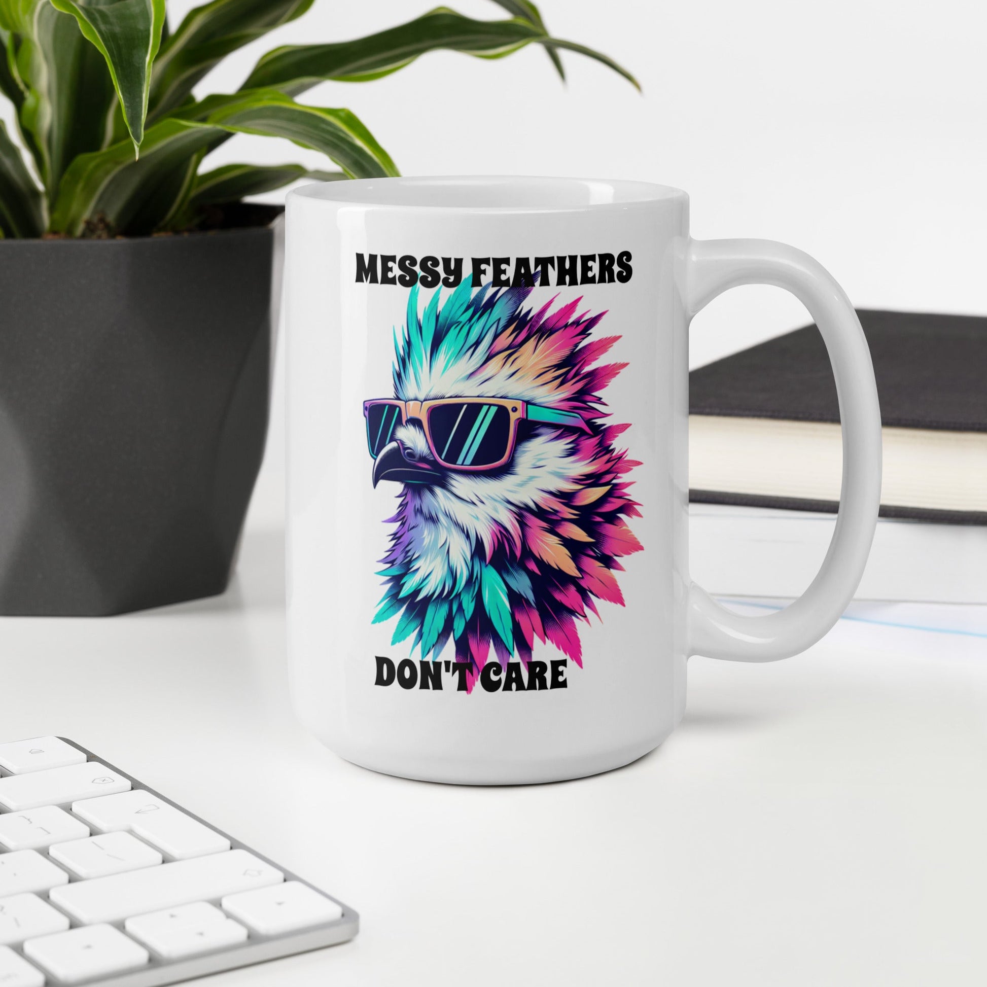 Messy Feathers Don't Care White Glossy Mug (11 oz, 15 oz, 20 oz) - Mugs - Discovery Co.