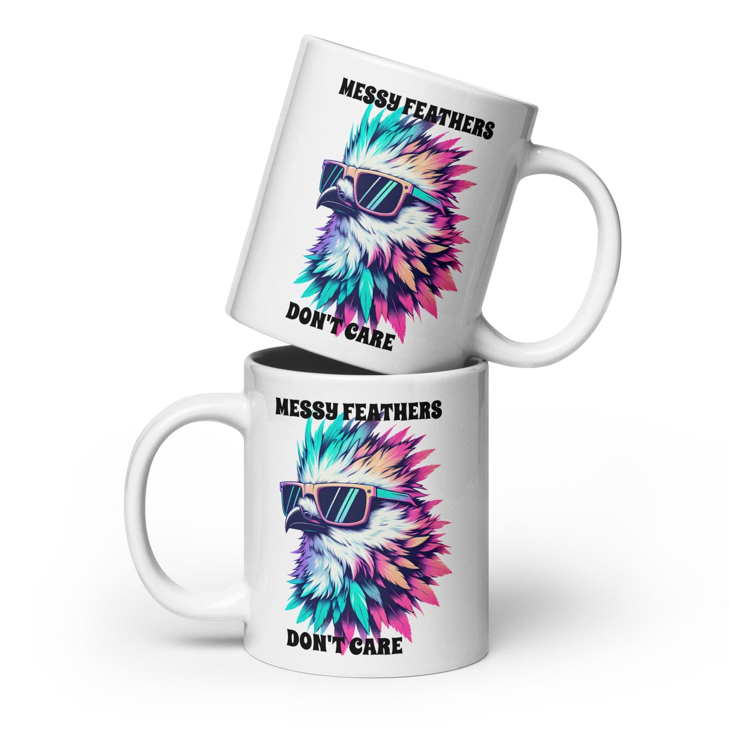 Messy Feathers Don't Care White Glossy Mug (11 oz, 15 oz, 20 oz) - Mugs - Discovery Co.