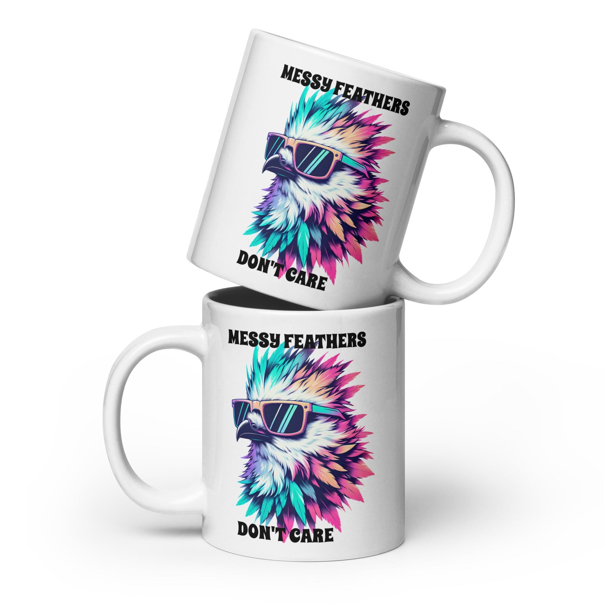 Messy Feathers Don't Care White Glossy Mug (11 oz, 15 oz, 20 oz) - Mugs - Discovery Co.