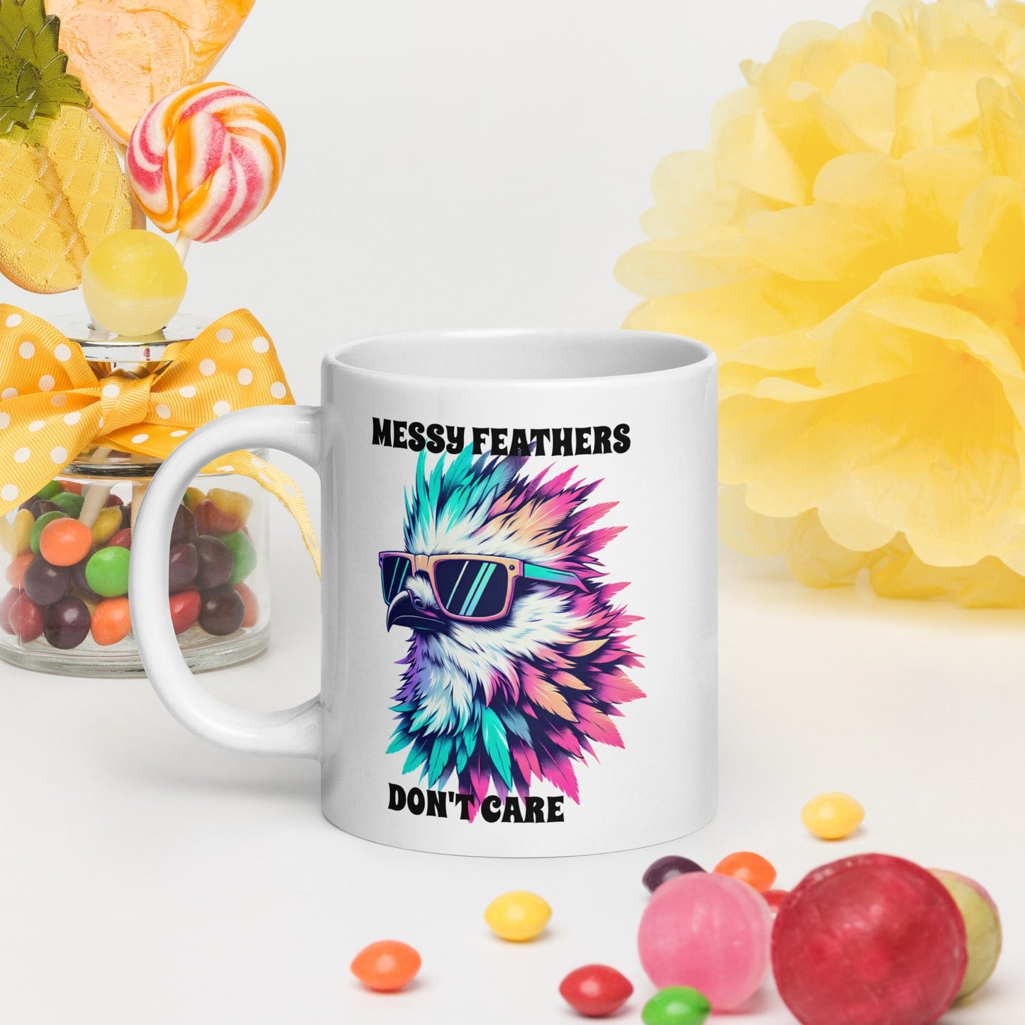Messy Feathers Don't Care White Glossy Mug (11 oz, 15 oz, 20 oz) - Mugs - Discovery Co.
