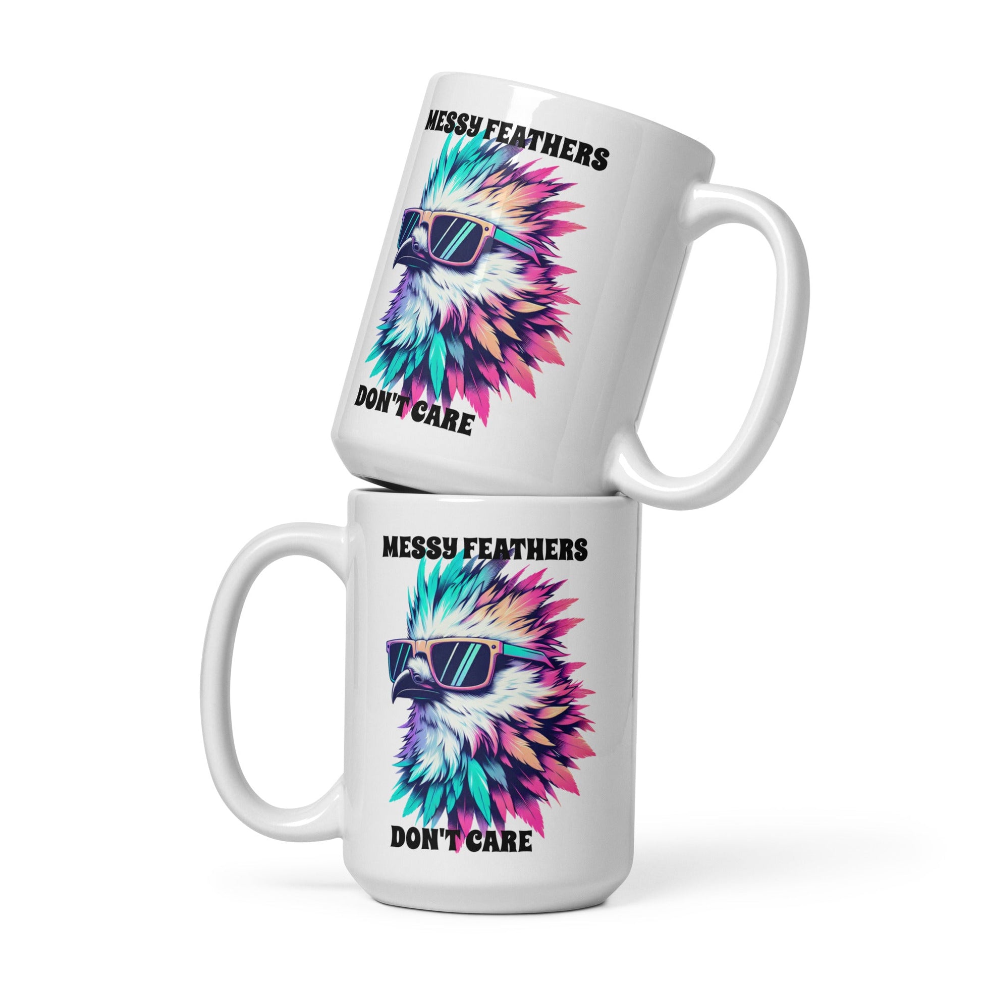 Messy Feathers Don't Care White Glossy Mug (11 oz, 15 oz, 20 oz) - Mugs - Discovery Co.