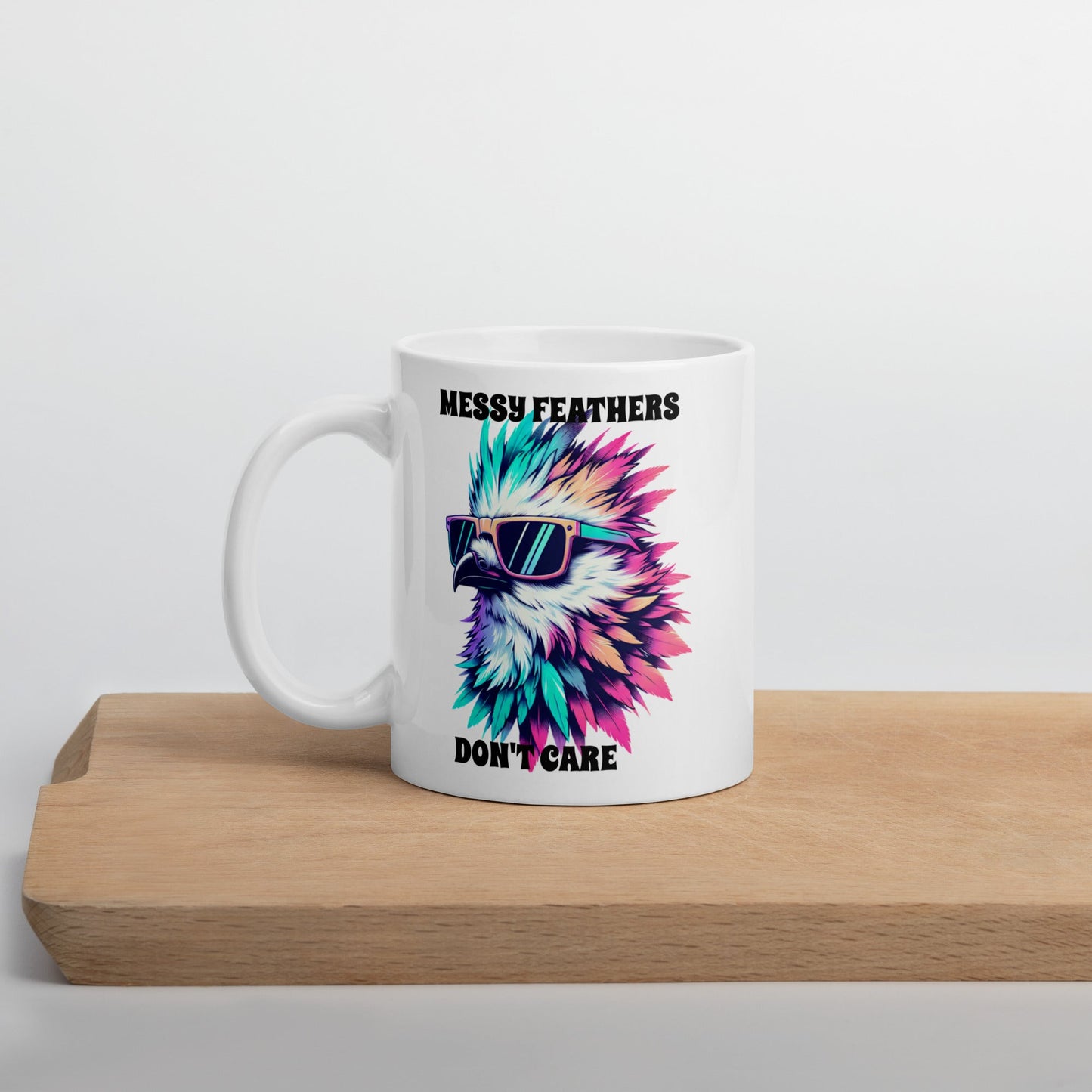 Messy Feathers Don't Care White Glossy Mug (11 oz, 15 oz, 20 oz) - Mugs - Discovery Co.