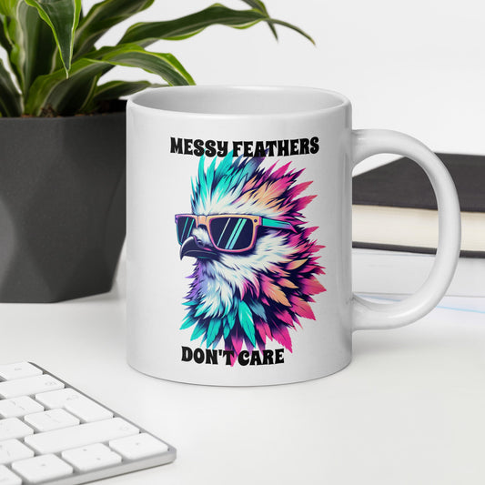 Messy Feathers Don't Care White Glossy Mug (11 oz, 15 oz, 20 oz) - Mugs - Discovery Co.