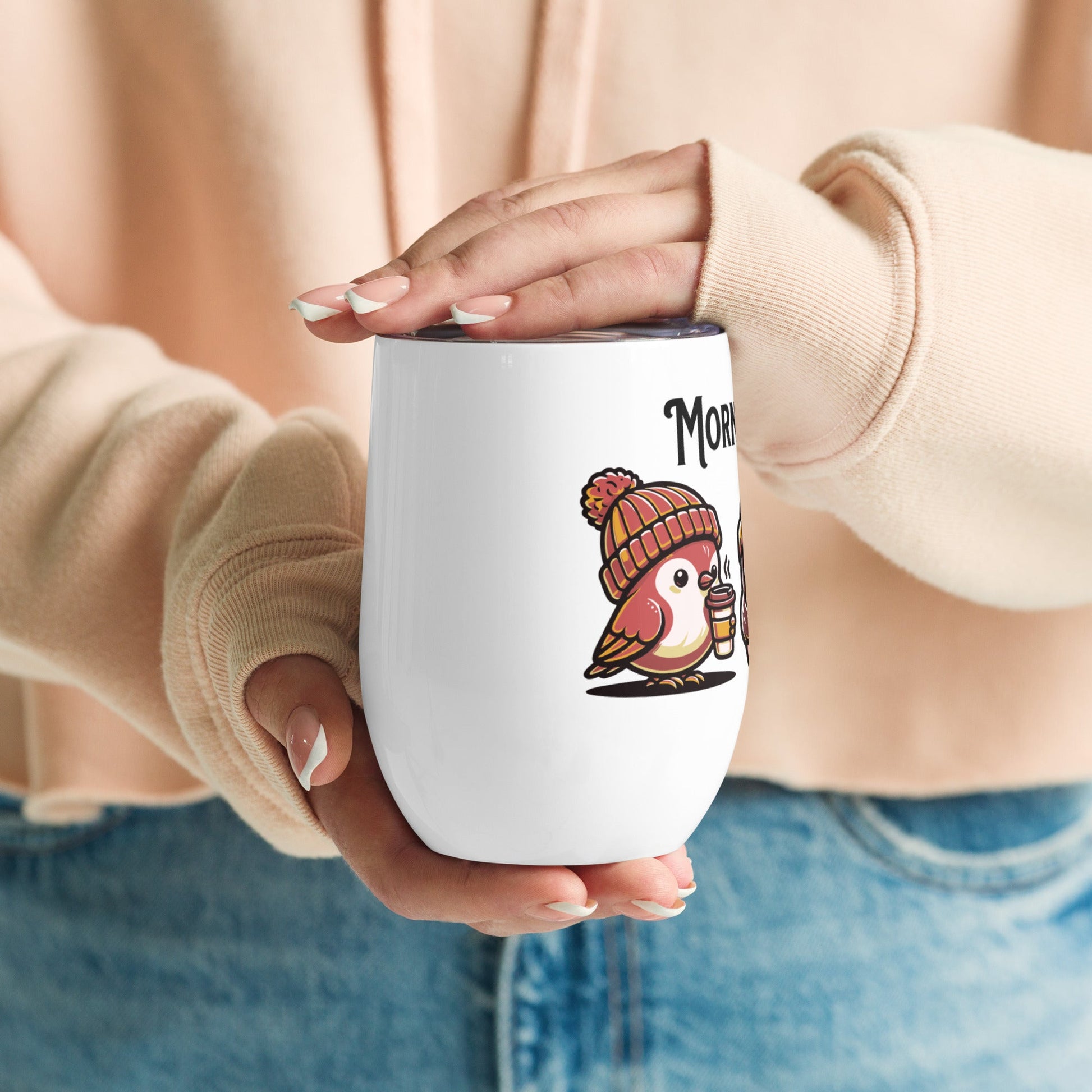 Morning Birds (Tan) Stainless Steel Wine Tumbler - Steel Tumbler - Discovery Co.