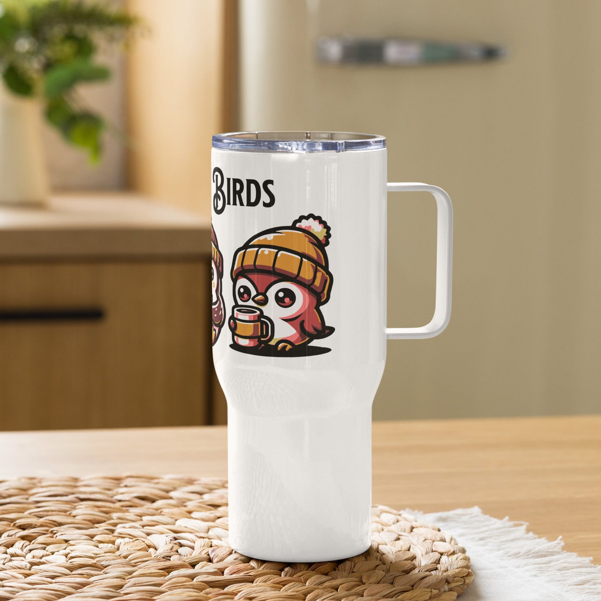 Morning Birds (Tan) Travel Mug With Handle (25 oz and 40 oz) - Travel Mug - Discovery Co.