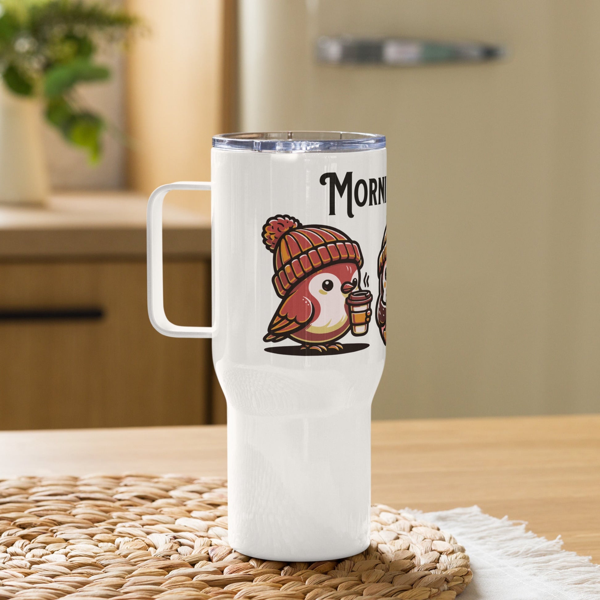 Morning Birds (Tan) Travel Mug With Handle (25 oz and 40 oz) - Travel Mug - Discovery Co.