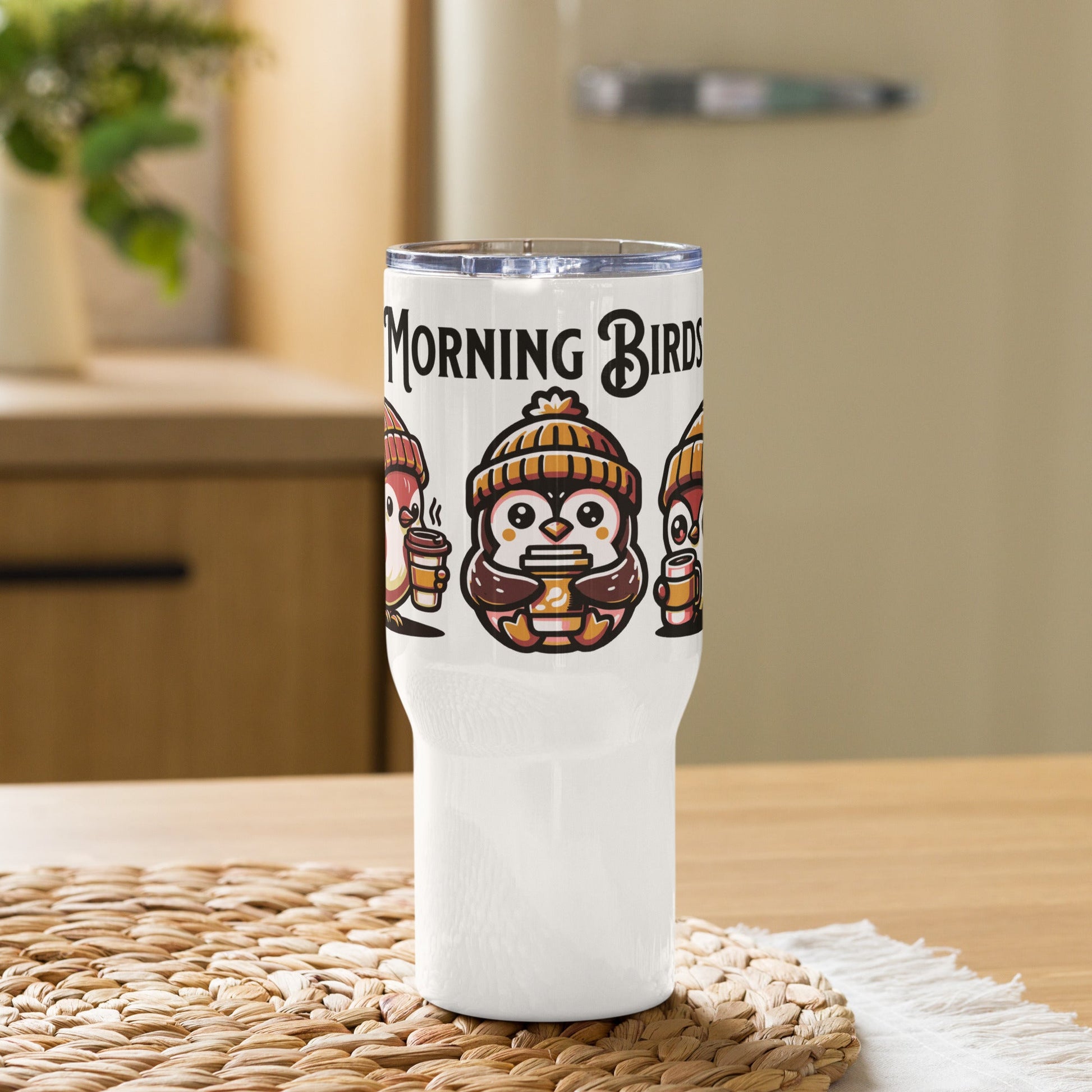 Morning Birds (Tan) Travel Mug With Handle (25 oz and 40 oz) - Travel Mug - Discovery Co.