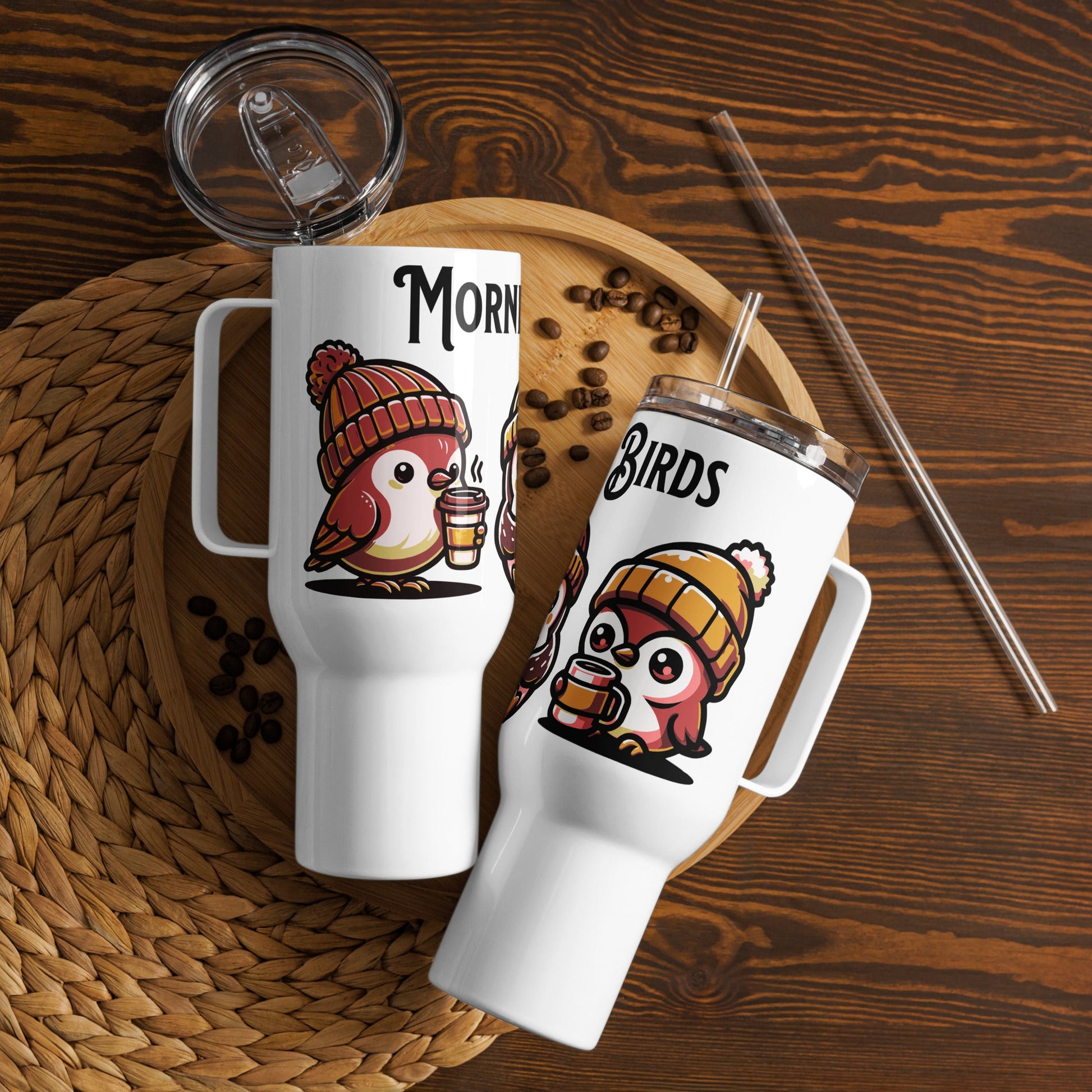 Morning Birds (Tan) Travel Mug With Handle (25 oz and 40 oz) - Travel Mug - Discovery Co.