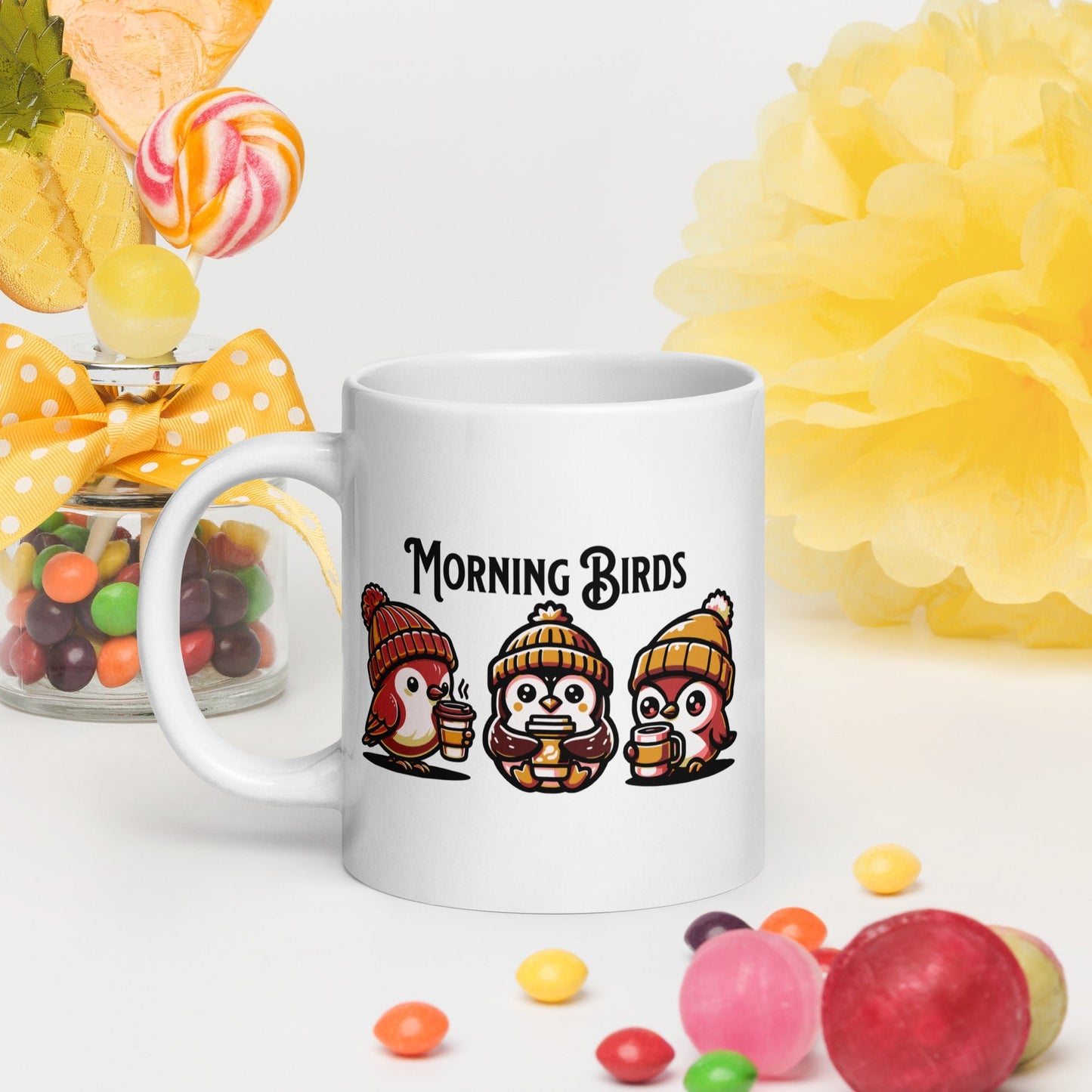 Morning Birds (Tan) White Glossy Mug (11 oz. 15 oz, 20 oz) - Mugs - Discovery Co.